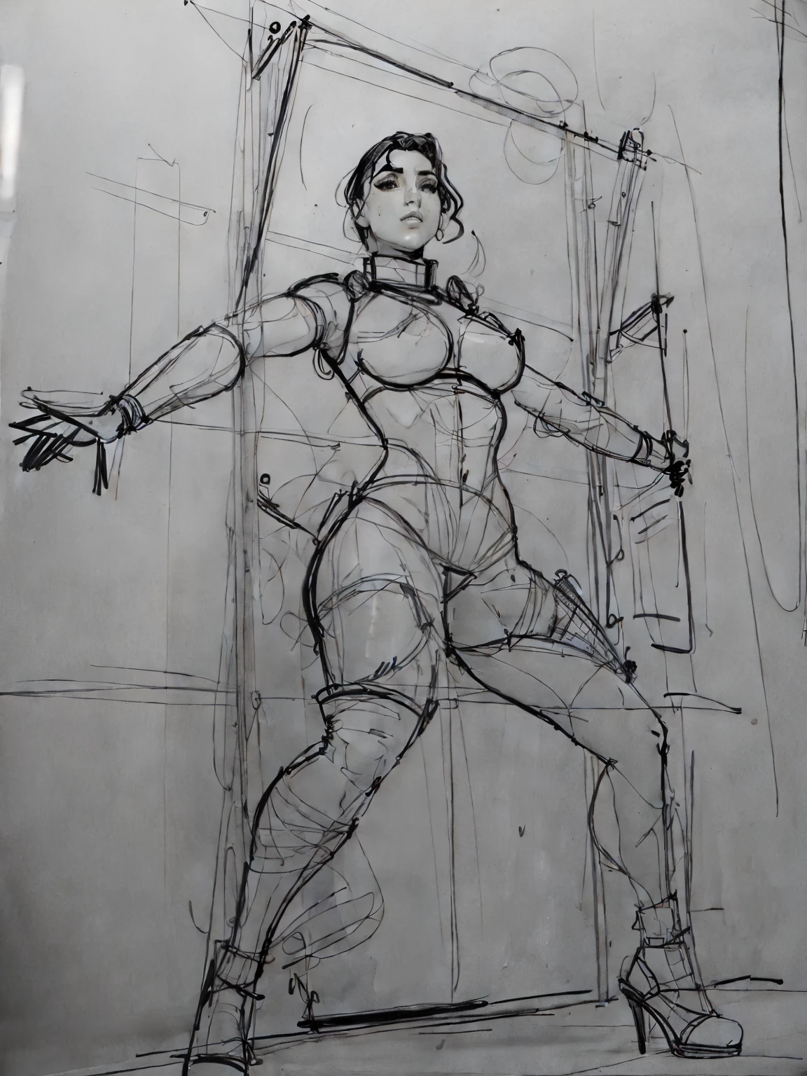 o desenho de uma mulher com um corpo tenso posa em frente a uma janela, pernas esticadas!!! intrincado, dynamic pose perspective, dynamic perspective pose, dynamic pose and perspective, Realistic proportions!!, stylized proportions, rough sketch, contorno espesso, Realistic proportions, realistic proportions sfw, estrutura corporal detalhada, desenho gestual, detalhado, but rough, proportions off, character is in her natural pose