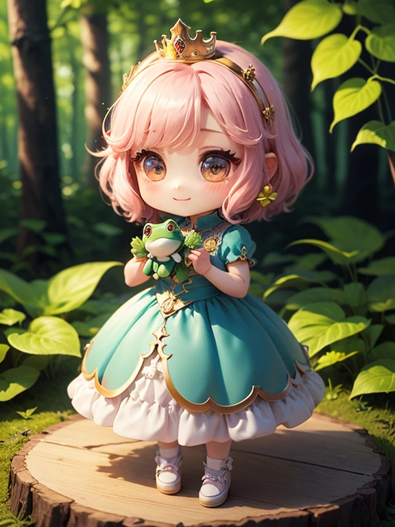 obra prima、qualidade superior、ultra-detalhada、(Chibi Chara　princesa:1.3)、(pele escura:1.2),Pale blue dress、Holding a mini chibi frog in his hand、The background is a forest intertwined with ivy、crescente、Standing、um sorriso
