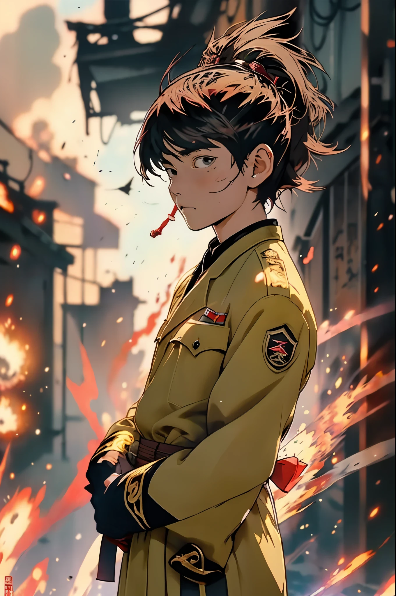 masterpiece, best quality, anime style, young male, ceremonial military uniform, small explosions in background
