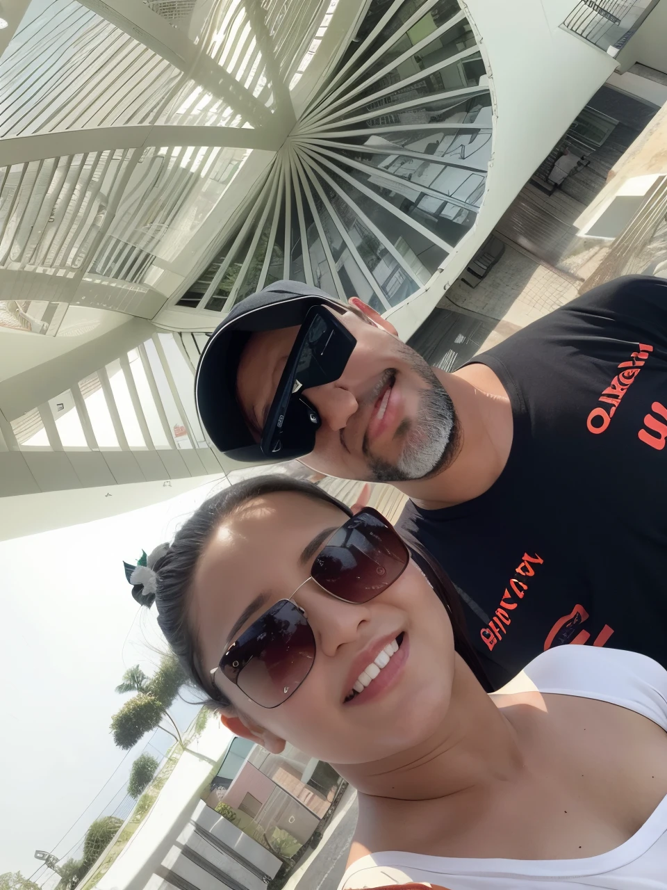 they are posing for a picture in front of a building, vacation photo, Postagem no Reddit, tirado no iphone 1 3 pro, tirado no iphone 14 pro, Tomado com Sony Alpha 9, Fotografia selfie 8k, selfie shot straight on angle, imagem de perfil, In Sao Paulo, imagem empilhada, shot with sony alpha 1 camera, palmeiras no fundo