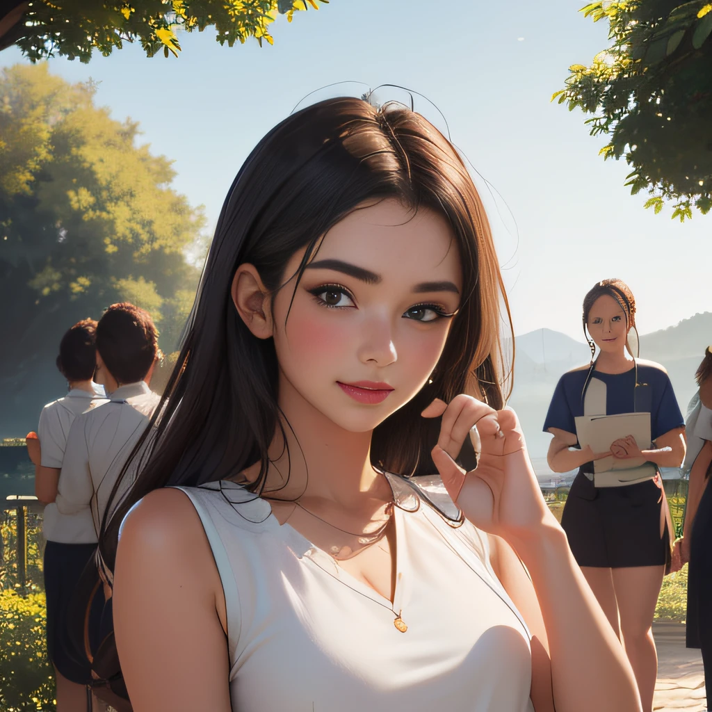 sfw, (Extremely detailed 8k wallpaper:2), (photo:2), (soigne Beautiful girl:2), (gives a lecture to friends:2), detailed (Face and eyes), (hyper realistic:1), (highly detailed:1), (epic realistic:1), rim light, (maximum details:1), cozy, (fullbody:1.3), (looking at viewer:2.0), (Woman's Attractive Qualities:2), (Attractive Woman:2), (Attractive:2), Smile, Intelligence, Empathy, Gracefulness, Sense of Style, Fitness, Grooming, Optimism, (Sensitivity:2), Sincerity, Romantic Gestures, Playfulness, Fashion Sense, (Sensuality:2), Charm, Modesty, Thoughtfulness, (Femininity:1), Flirtatiousness, Warmth, (Physical attractiveness:2), A beautiful smile, A love of life, strength and power, vulnerability, curiosity, wonder, love, (nature background:2), kawaii, waifu, Beautiful breasts, (attractive body:2), (Beautiful body:2), Beautiful pose, attractive pose, (Beautiful legs:1.0), (spread legs:1.0), (Beautiful clothes:1), (classic clothes:2), (elegant clothes:2), (European clothes:2), detailed clothes, (skirt:1), (blouse:1), (provocative pose)