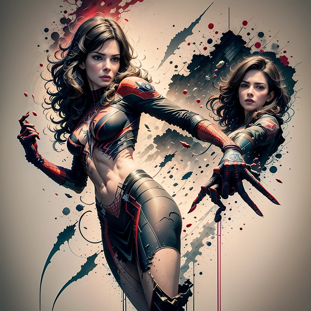 sandra bullock、Sticking out the navel、newyork、She wears a torn Spider-Man suit,wearing skirt、 Red and black color scheme,Dynamic、masterpiece、top-quality、ultra-detailliert、ighly detailed、beautiful detailed brilliance、超A high resolution