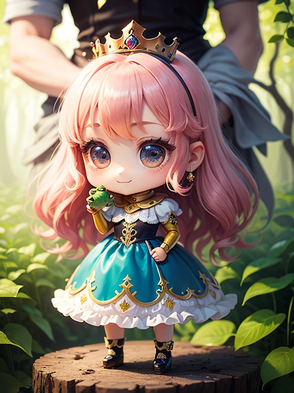 obra prima、qualidade superior、ultra-detalhada、(Chibi Chara　princesa:1.3)、(pele escura:1.2),Pale blue dress、Holding a mini chibi frog in his hand、The background is a forest intertwined with ivy、crescente、Standing、um sorriso