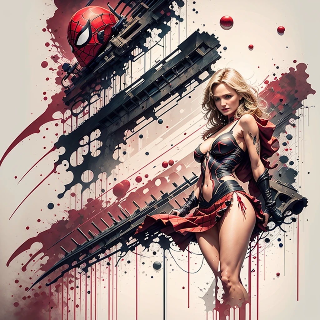 Yvonne Strahovski、Sticking out the navel、newyork、She wears a torn Spider-Man suit,wearing skirt、 Red and black color scheme,Dynamic、masterpiece、top-quality、ultra-detailliert、ighly detailed、beautiful detailed brilliance、超A high resolution