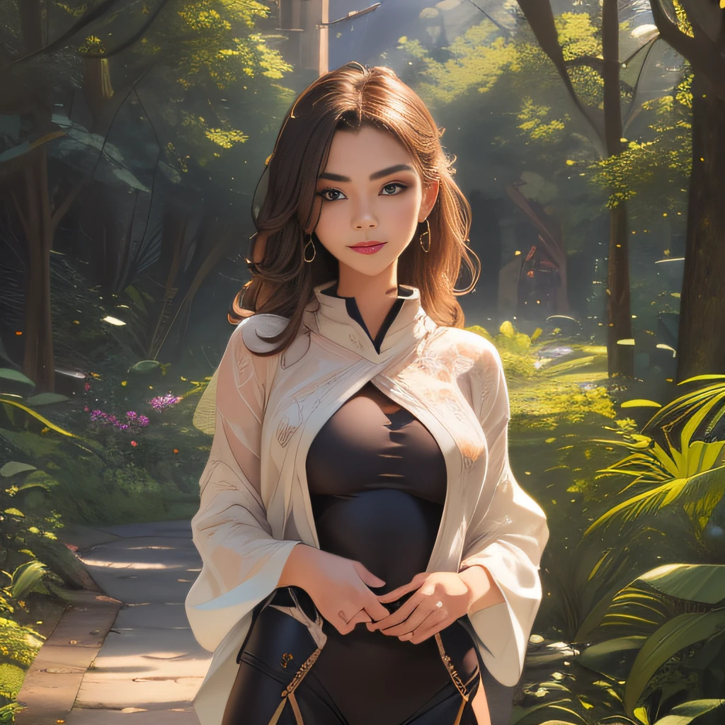 (Extremely detailed 8k wallpaper:2), (photo:2), (22 years old soigne Beautiful girl:2), (gives a lecture to friends:2), detailed (Face and eyes), (hyper realistic:1), (highly detailed:1), (epic realistic:1), rim light, (maximum details:1), cozy, (fullbody:1.3), (looking at viewer:2), (Woman's Attractive Qualities:2), (Attractive Woman:2), (Attractive:2), Smile, Intelligence, Empathy, Gracefulness, Sense of Style, Fitness, Grooming, Optimism, (Sensitivity:2), Sincerity, Romantic Gestures, Playfulness, Fashion Sense, (Sensuality:2), Charm, Modesty, Thoughtfulness, (Femininity:1), Flirtatiousness, Warmth, (Physical attractiveness:2), A beautiful smile, A love of life, strength and power, vulnerability, curiosity, wonder, love, (nature background:2), kawaii, waifu, Beautiful breasts, (attractive body:2), (Beautiful body:2), Beautiful pose, attractive pose, (Beautiful legs:1.0), (Beautiful clothes:1), (classic clothes:2), (elegant clothes:2), (European clothes:2), detailed clothes, (skirt:1), (blouse:1), (provocative pose)