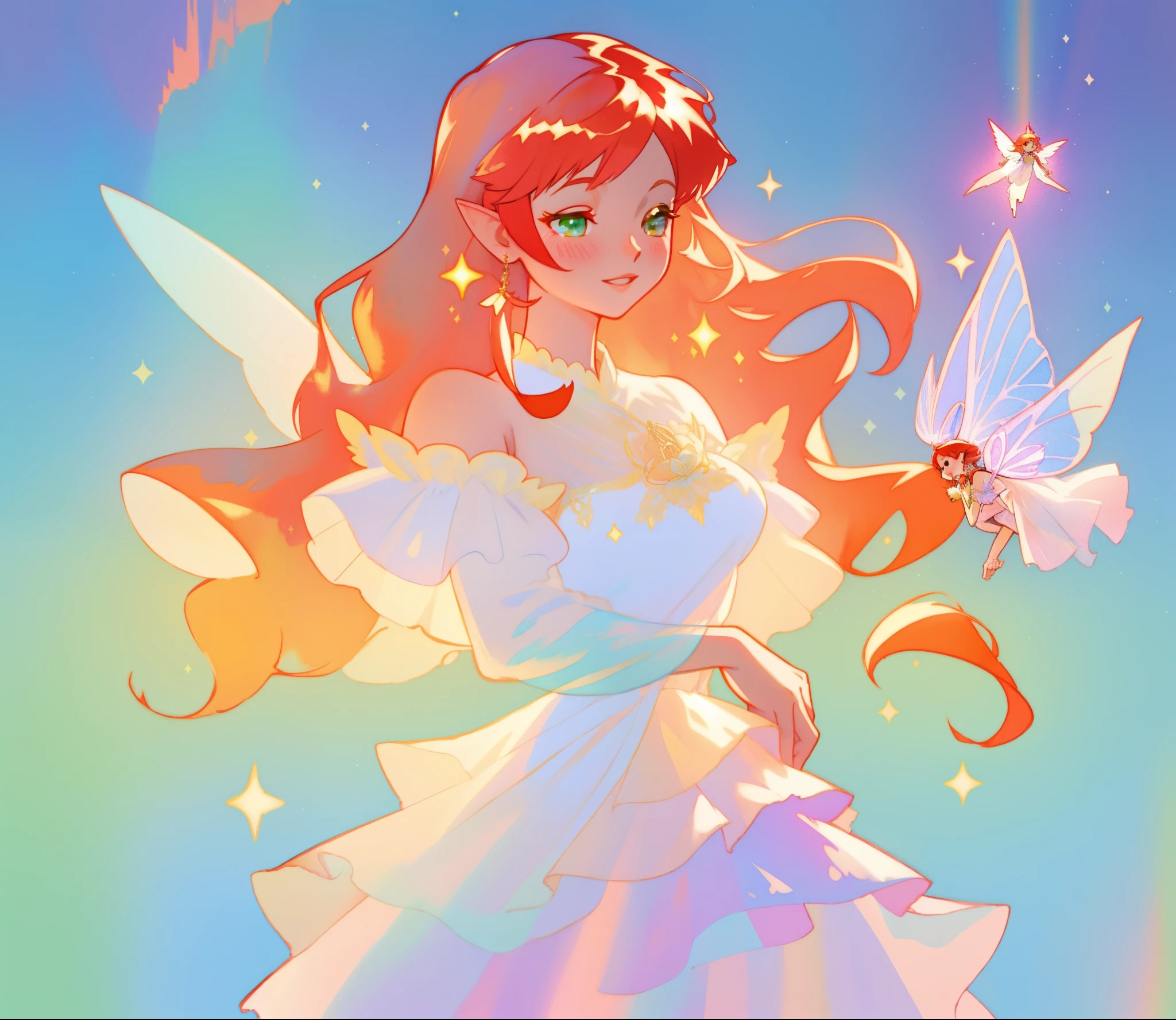 beautiful fairy girl in sparkling white layered dress, puffy flowing dress, sheer fluttering sleeves, ((sparkling sheer layered fairy dress)), long red gold hair, colorful fantasia background, delicate white flowers, watercolor illustration, beautiful, masterpiece, best quality, vibrant pastel colors, colorful, vibrant, sharp focus, highly detailed, intricate details, golden ratio, perfect composition, 8k resolution, perfect, (golden ratio)