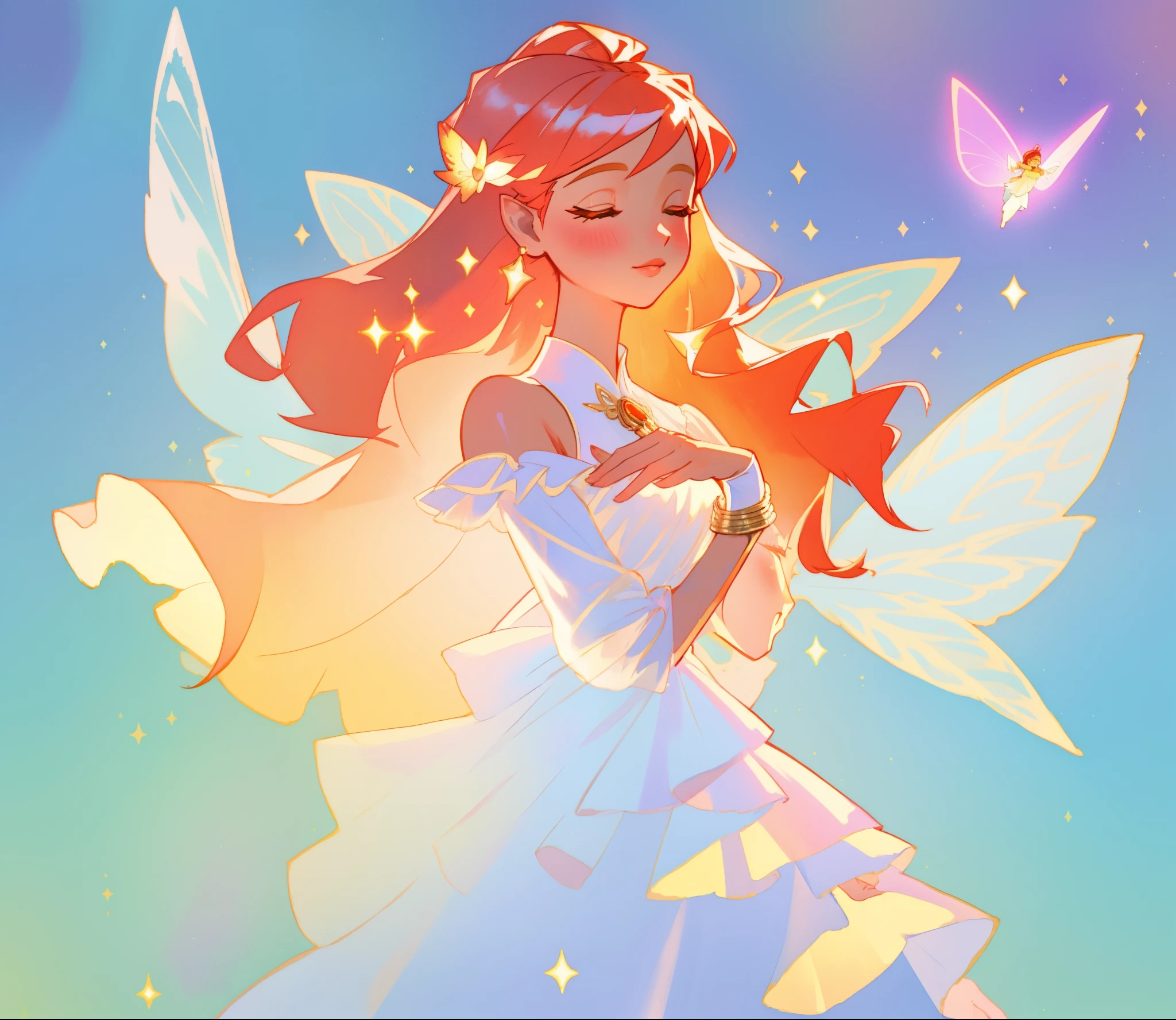beautiful fairy girl in sparkling white layered dress, puffy flowing dress, sheer fluttering sleeves, ((sparkling sheer layered fairy dress)), long red gold hair, colorful fantasia background, delicate white flowers, watercolor illustration, beautiful, masterpiece, best quality, vibrant pastel colors, colorful, vibrant, sharp focus, highly detailed, intricate details, golden ratio, perfect composition, 8k resolution, perfect, (golden ratio)