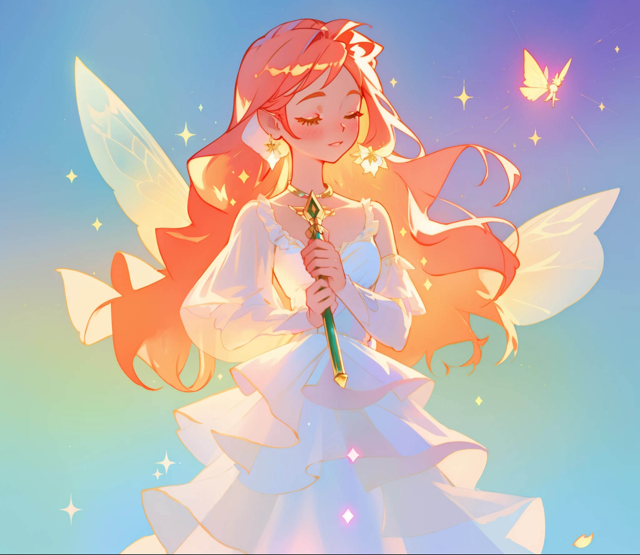 beautiful fairy girl in sparkling white layered dress, puffy flowing dress, sheer fluttering sleeves, ((sparkling sheer layered fairy dress)), long red gold hair, colorful fantasia background, delicate white flowers, watercolor illustration, beautiful, masterpiece, best quality, vibrant pastel colors, colorful, vibrant, sharp focus, highly detailed, intricate details, golden ratio, perfect composition, 8k resolution, perfect, (golden ratio)