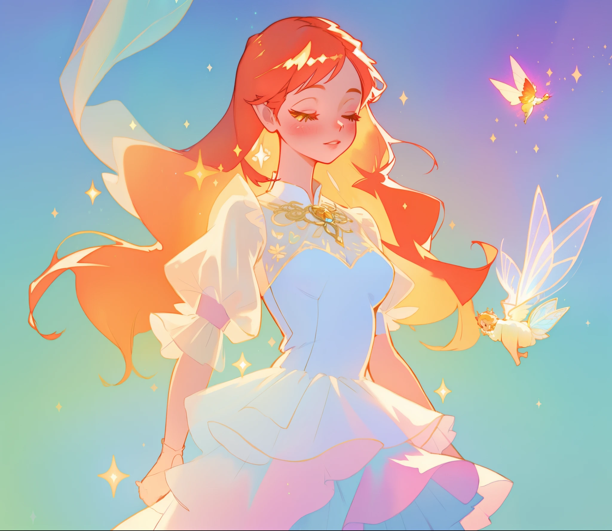 beautiful fairy girl in sparkling white layered dress, puffy flowing dress, sheer fluttering sleeves, ((sparkling sheer layered fairy dress)), long red gold hair, colorful fantasia background, delicate white flowers, watercolor illustration, beautiful, masterpiece, best quality, vibrant pastel colors, colorful, vibrant, sharp focus, highly detailed, intricate details, golden ratio, perfect composition, 8k resolution, perfect, (golden ratio)