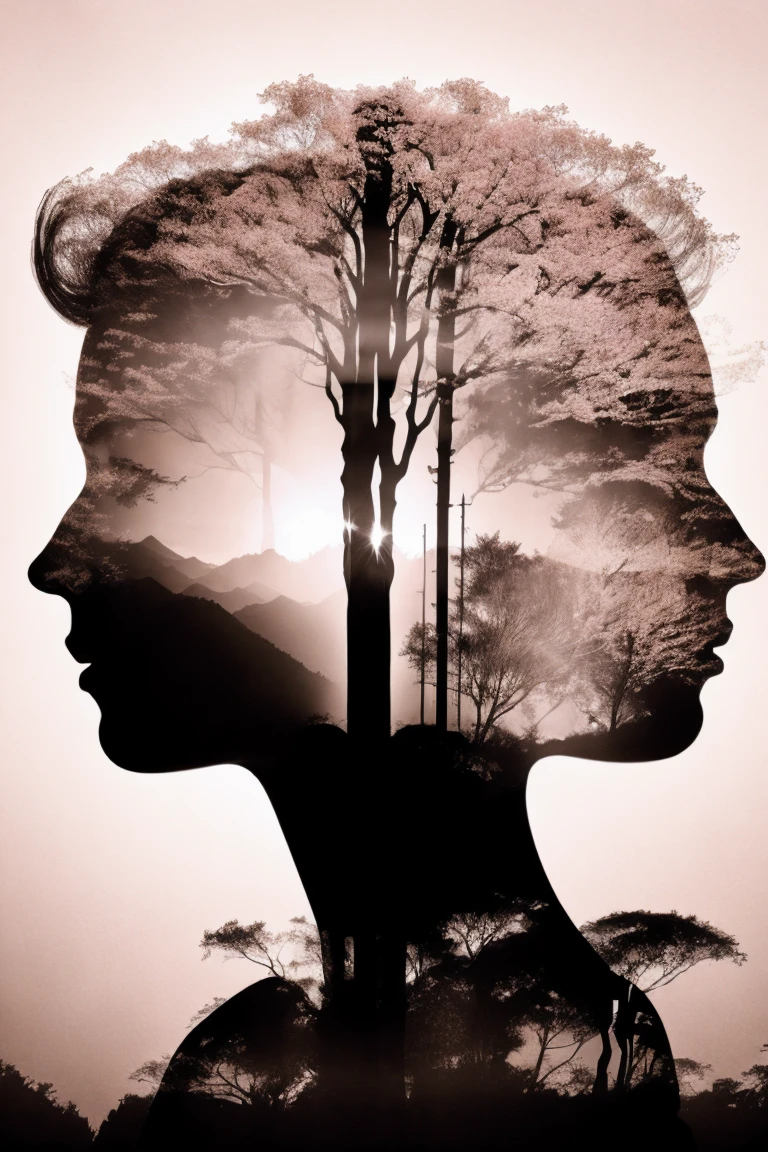 Fill the silhouette of a person with delicate flower blossoms, creating a poetic and romantic double exposure that symbolizes the connection between humanity and nature.