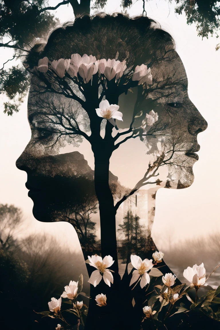 Fill the silhouette of a person with delicate flower blossoms, creating a poetic and romantic double exposure that symbolizes the connection between humanity and nature.