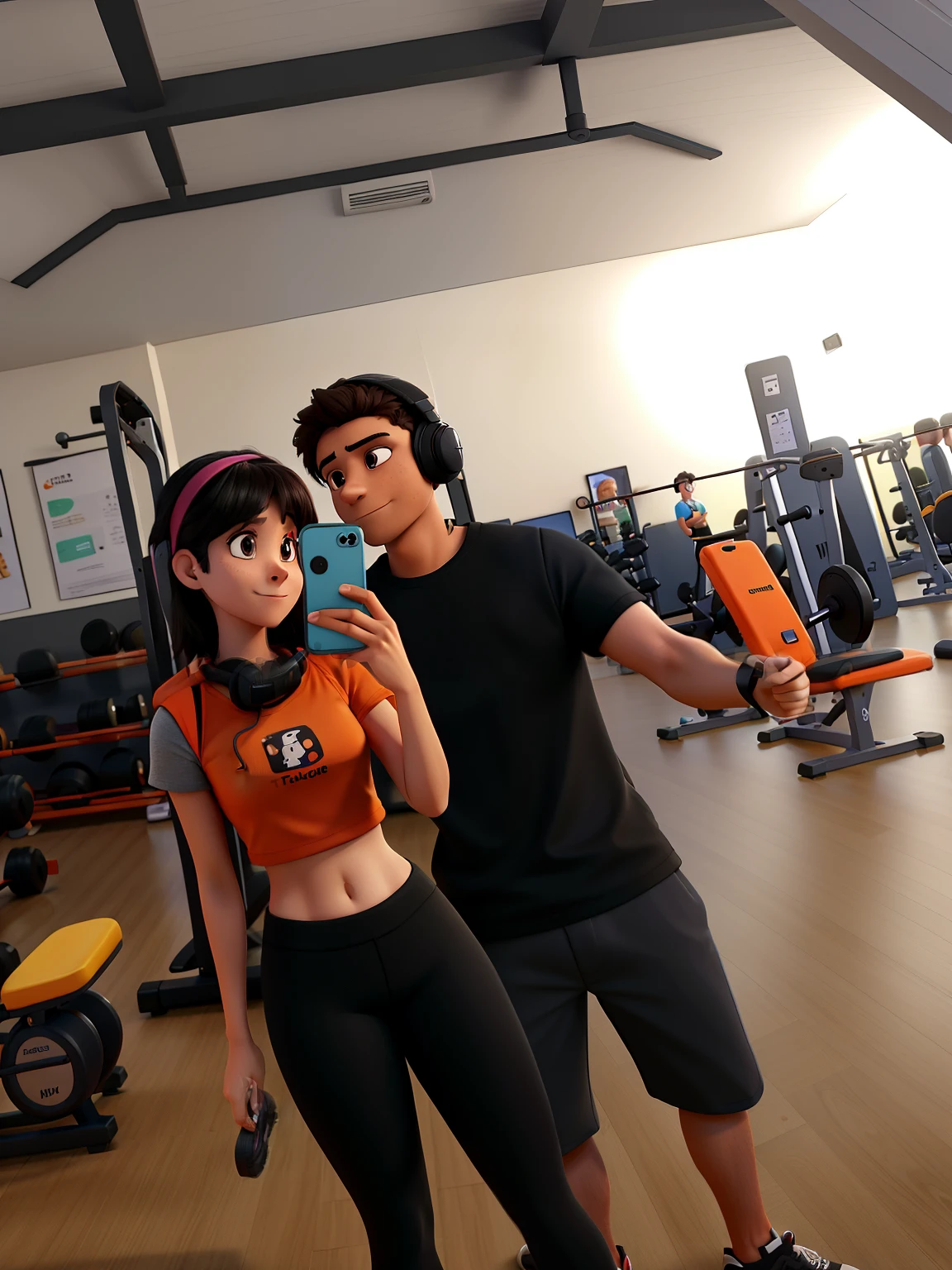 There's a man and a woman taking a selfie at a gym, the woman has her cell phone with her mother and is taking a selfie in the mirror, she is wearing a black headset around her neck and an orange top and black leggings, the man is in the back with a black shirt and black shorts, They're in a gym, crie uma foto em desenho animado pixel