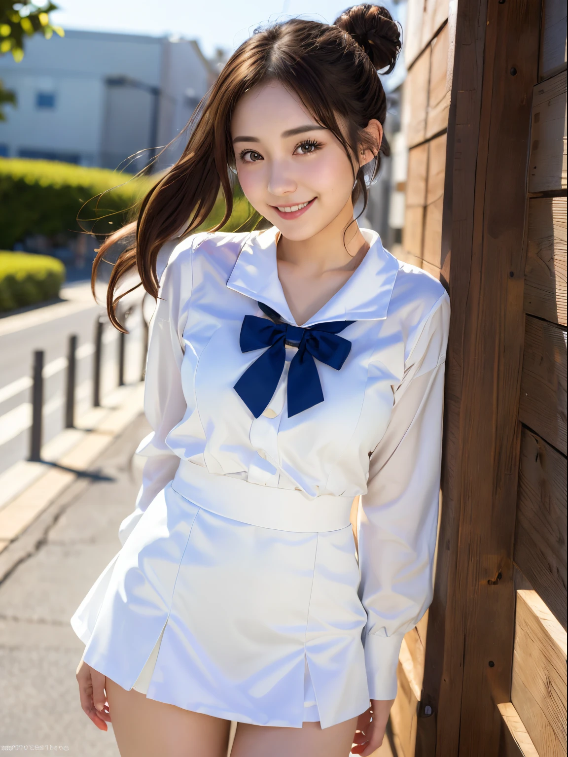 (8K, 超A high resolution, Best Quality, masutepiece:1.2),(18year old:1.2)、8K、RAW portrait of japanese girl、Photorealsitic、超A high resolution、top-quality、well-styled、Bunching hair、The face is small、,(Japan sailor suit miniskirt)、(Absolute area)、(Natural Skin Texture、Detailed skin、Hyper-Realism、ultra sharpness)、intricate detailes、depth of fields、hposing Gravure Idol、actress、Captivate your audience,Smiling happily、Schools