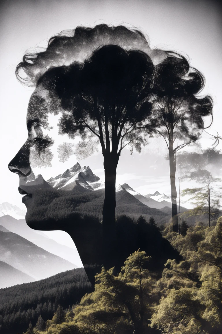 Merge the serene silhouette of a person with the intricate details of a tree or mountain landscape, creating a harmonious blend of human form and the beauty of the natural world in a captivating double exposure.