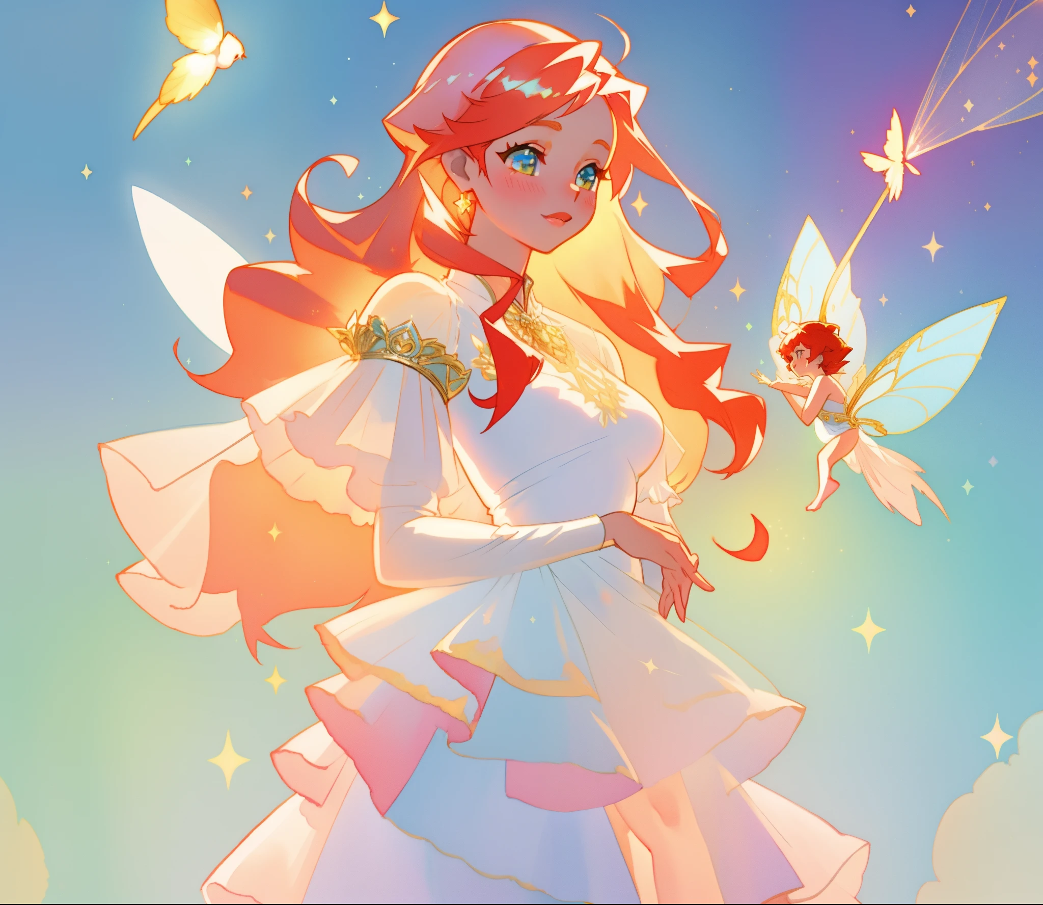 beautiful fairy girl in sparkling white layered dress, puffy flowing dress, sheer fluttering sleeves, ((sparkling sheer layered fairy dress)), long red gold hair, colorful fantasia background, delicate white flowers, watercolor illustration, beautiful, masterpiece, best quality, vibrant pastel colors, colorful, vibrant, sharp focus, highly detailed, intricate details, golden ratio, perfect composition, 8k resolution, perfect, (golden ratio)