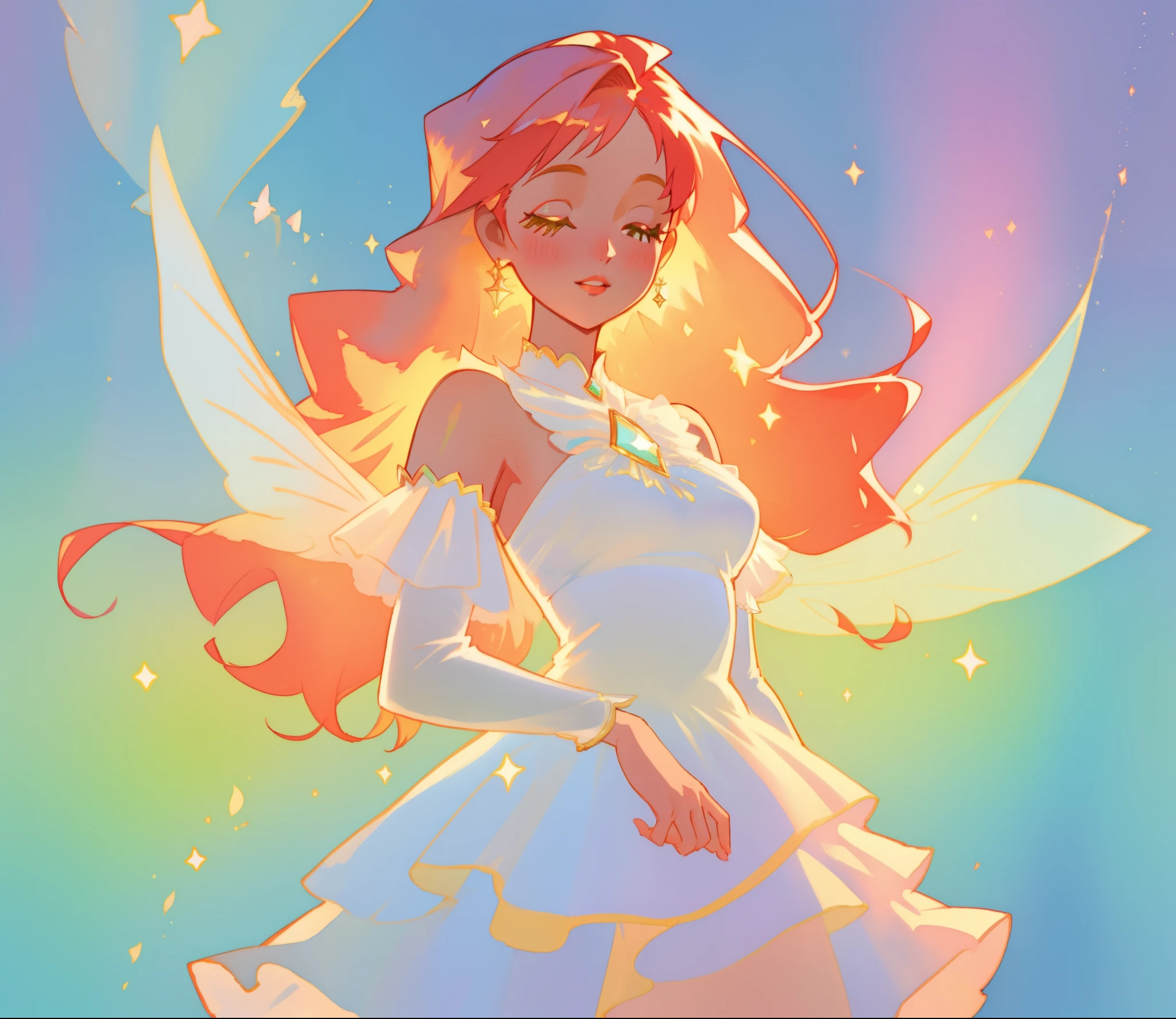 beautiful fairy girl in sparkling white layered dress, puffy flowing dress, sheer fluttering sleeves, ((sparkling sheer layered fairy dress)), long red gold hair, colorful fantasia background, delicate white flowers, watercolor illustration, beautiful, masterpiece, best quality, vibrant pastel colors, colorful, vibrant, sharp focus, highly detailed, intricate details, golden ratio, perfect composition, 8k resolution, perfect, (golden ratio)