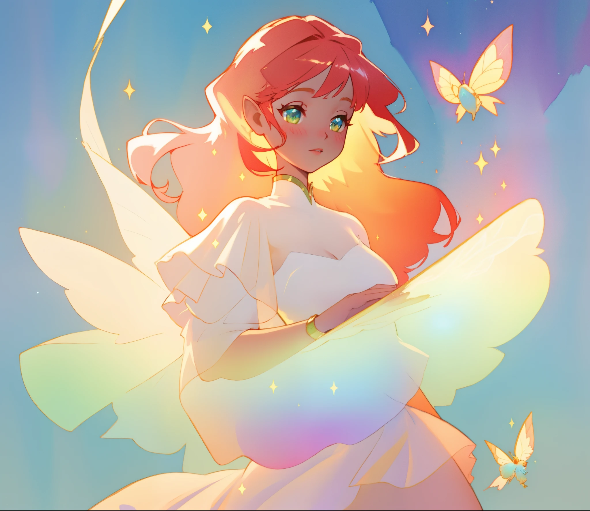 beautiful fairy girl in sparkling white layered dress, puffy flowing dress, sheer fluttering sleeves, ((sparkling sheer layered fairy dress)), long red gold hair, colorful fantasia background, delicate white flowers, watercolor illustration, beautiful, masterpiece, best quality, vibrant pastel colors, colorful, vibrant, sharp focus, highly detailed, intricate details, golden ratio, perfect composition, 8k resolution, perfect, (golden ratio)