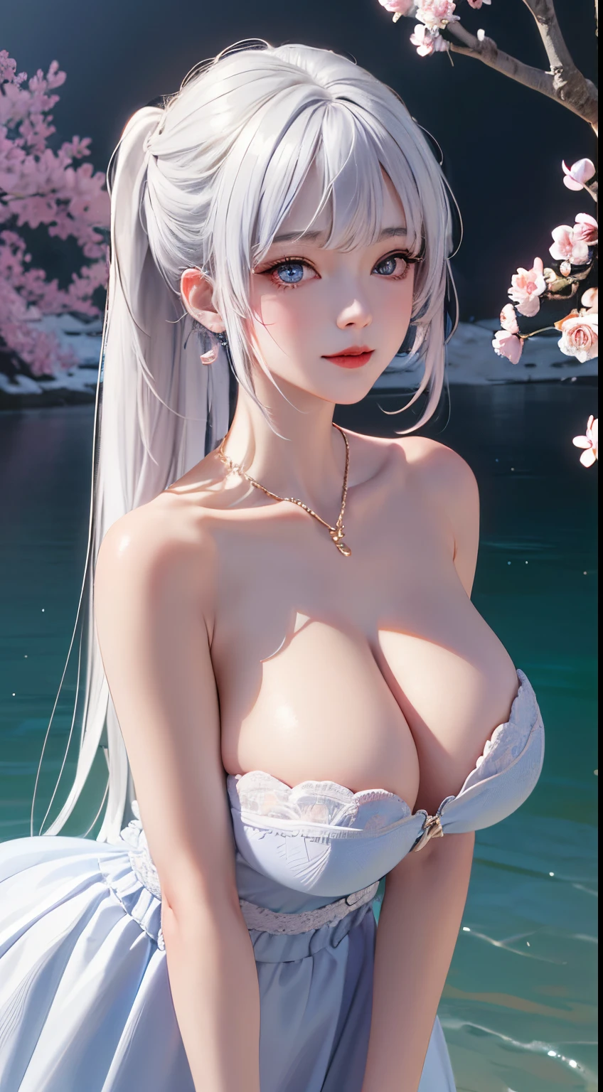 Ancient customs, wind blown, blossom flower, ponds, the night, Moon reflection in the pond, reflective light, depth of fields, from back, multi view, Carefully crafted for the best quality ,tmasterpiece, illustratio, Extremely Delicately Beautiful, The is very detailed ,CG ,unified ,8k wallpaper, Amazing Cleavage, finely detailled, tmasterpiece,Best quality at best,offcial art,extremely detaild的 CG unified 8k wallpapers,absurd res, Extremely ridiculous, The file size is huge , ultra - detailed, A high resolution, The is very detailed,Beautiful Meticulous Girl, Extremely detailed eyes and face, 美丽细致的眼睛,There is light on the face,1个Giant Breast Girl, (hyper realisitc), ((( White hair))), (high ponytails), (Two strands of hair in front of the ears), (eBlue eyes), ((jewely)), (hair adornments), (((Describe the arm in detail))), (((super boobs))), ((A sagging breast)), ((busty figure)), (Large breasts), (upper legs), ((A plump chest)),, (Detailed description of the hair), ((The upper part of the body)), (Bare shoulders), ((鎖骨)), (cropped shoulders), (Glossy glossy skin), (Detailed description of the face), (Very detailed description of the eyes), (Detailed description of the body), (Fair and translucent skin), Peerless beauty, (Ultimate beauty), (Redlip), (the shy ), (seduct smile), ((dress wedding)),