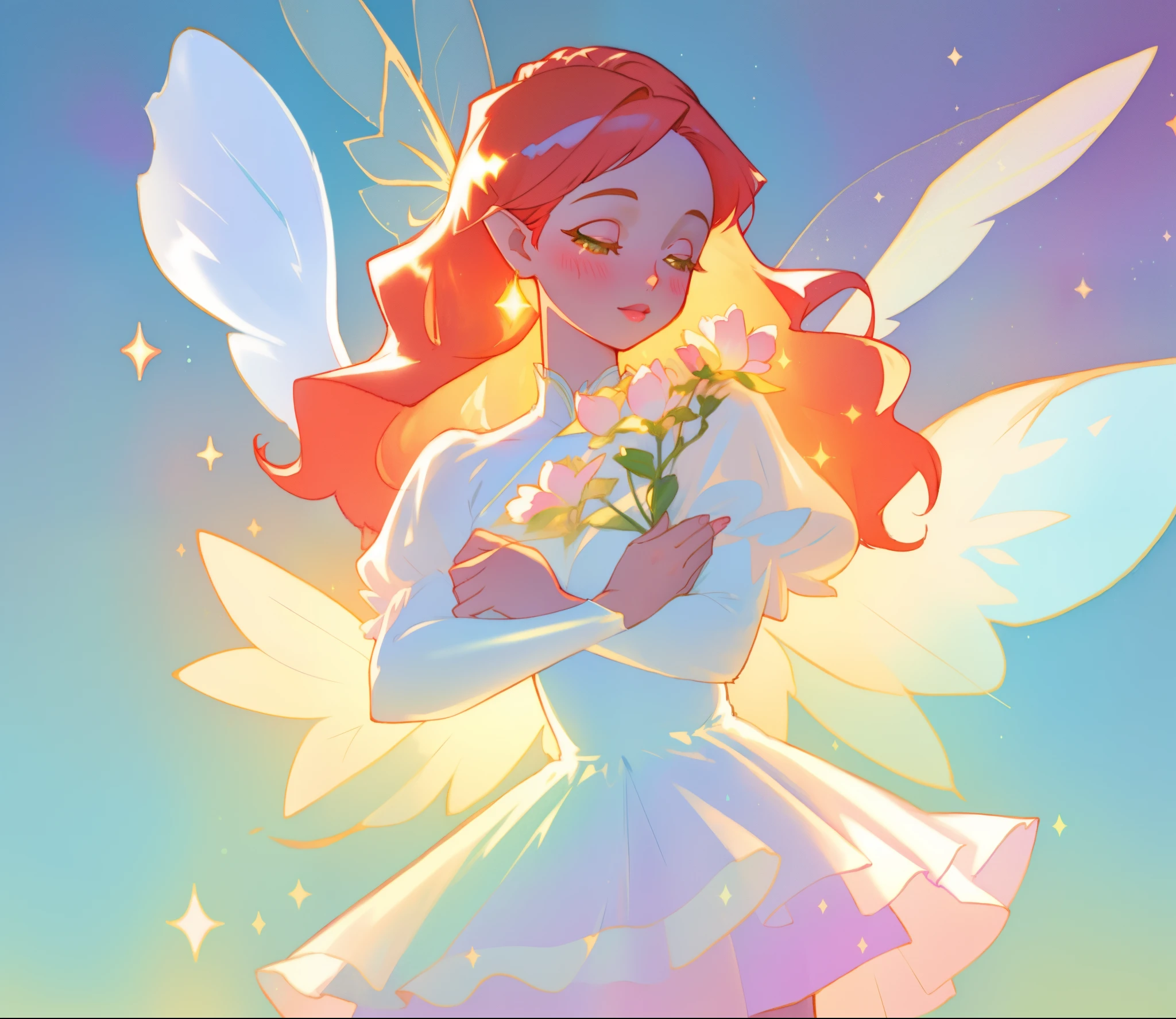 beautiful fairy girl in sparkling white layered dress, puffy flowing dress, sheer fluttering sleeves, ((sparkling sheer layered fairy dress)), long red gold hair, colorful fantasia background, delicate white flowers, watercolor illustration, beautiful, masterpiece, best quality, vibrant pastel colors, colorful, vibrant, sharp focus, highly detailed, intricate details, golden ratio, perfect composition, 8k resolution, perfect, (golden ratio)