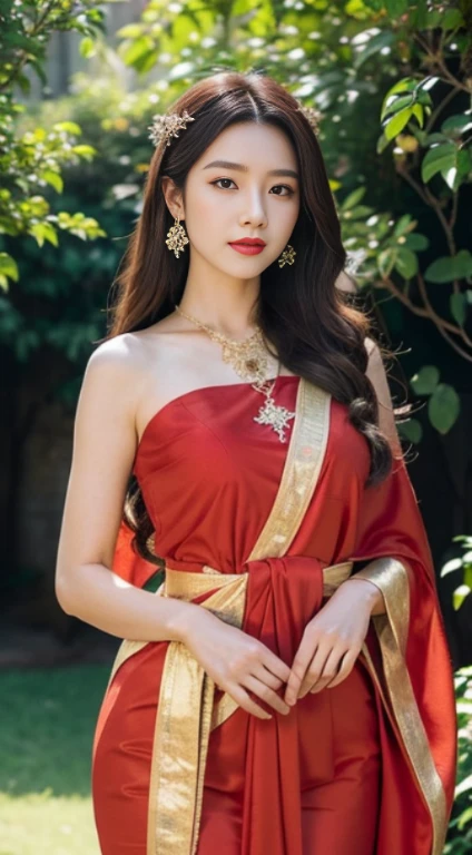 Detailed faces, Clear Face, beautiful girl, Asian makeup, Red lips, brunette hair, very long hair, Extra long hair, diadem, Medium body, Big breasts, super large breasts, Thai angel costume, antique, sexy medium dress, Red dress, HD, fuul body, Evening Light, Flower Garden Background.