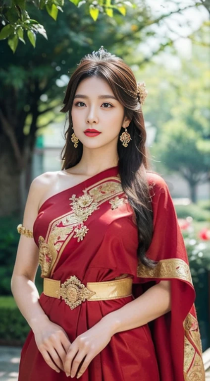Detailed faces, Clear Face, beautiful girl, Asian makeup, Red lips, brunette hair, very long hair, Extra long hair, diadem, Medium body, Big breasts, super large breasts, Thai angel costume, antique, sexy medium dress, Red Dresses, HD, fuul body, Evening Light, Flower Garden Background.Show right shoulder, left shawl, Look straight ahead.