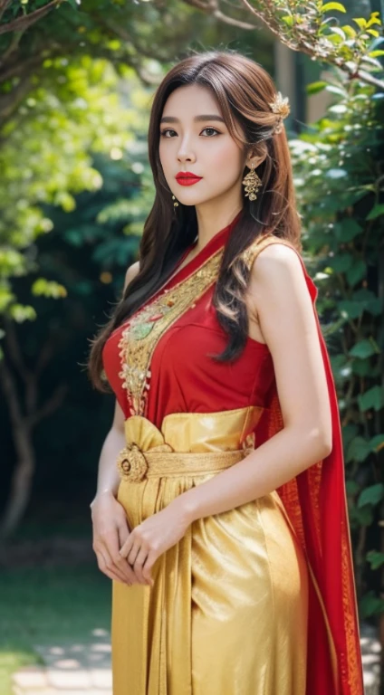 Detailed faces, Clear Face, beautiful girl, Asian makeup, Red lips, brunette hair, very long hair, Extra long hair, diadem, Medium body, Big breasts, super large breasts, Thai angel costume, antique, sexy medium dress, Red Dresses, HD, fuul body, Evening Light, Flower Garden Background.Show right shoulder, left shawl, Look straight ahead.