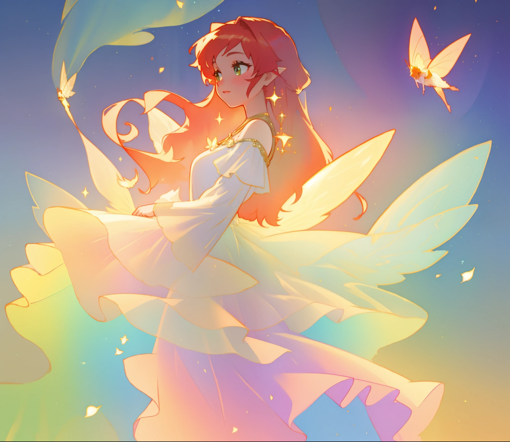 beautiful fairy girl in sparkling white layered dress, puffy flowing dress, sheer fluttering sleeves, ((sparkling sheer layered fairy dress)), long red gold hair, colorful fantasia background, delicate white flowers, watercolor illustration, beautiful, masterpiece, best quality, vibrant pastel colors, colorful, vibrant, sharp focus, highly detailed, intricate details, golden ratio, perfect composition, 8k resolution, perfect, (golden ratio)