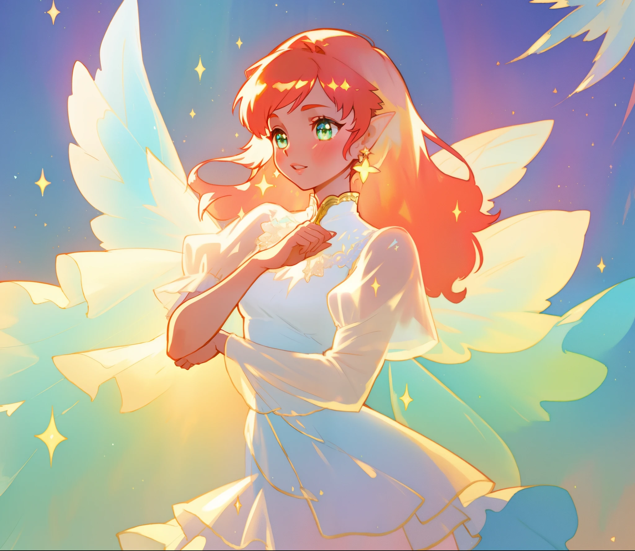 beautiful fairy girl in sparkling white layered dress, puffy flowing dress, sheer fluttering sleeves, ((sparkling sheer layered fairy dress)), long red gold hair, colorful fantasia background, delicate white flowers, watercolor illustration, beautiful, masterpiece, best quality, vibrant pastel colors, colorful, vibrant, sharp focus, highly detailed, intricate details, golden ratio, perfect composition, 8k resolution, perfect, (golden ratio)