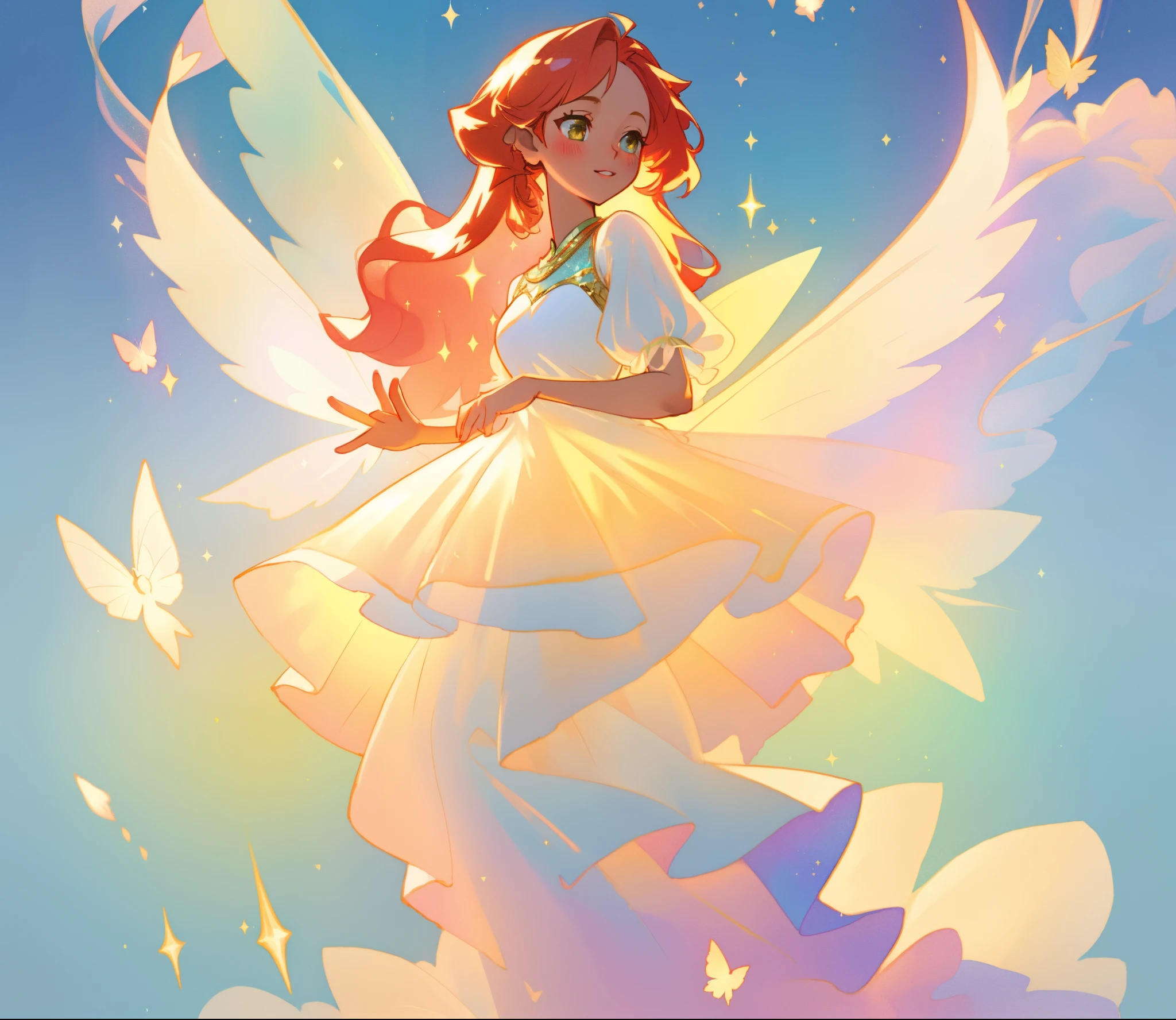 beautiful fairy girl in sparkling white layered dress, puffy flowing dress, sheer fluttering sleeves, ((sparkling sheer layered fairy dress)), long red gold hair, colorful fantasia background, delicate white flowers, watercolor illustration, beautiful, masterpiece, best quality, vibrant pastel colors, colorful, vibrant, sharp focus, highly detailed, intricate details, golden ratio, perfect composition, 8k resolution, perfect, (golden ratio)