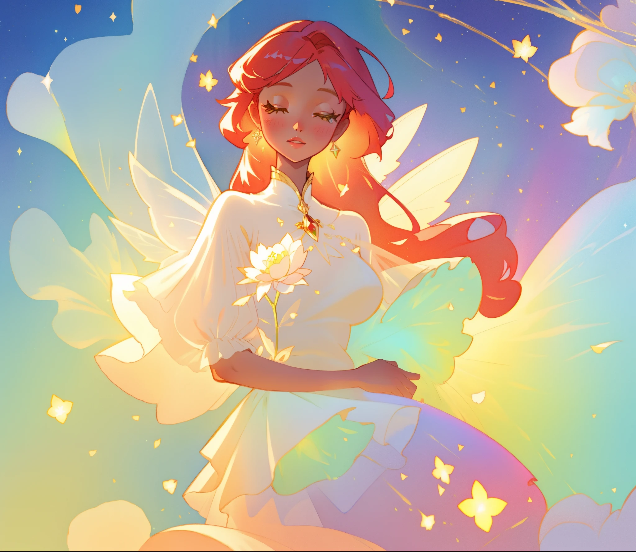 beautiful fairy girl in sparkling white layered dress, puffy flowing dress, sheer fluttering sleeves, ((sparkling sheer layered fairy dress)), long red gold hair, colorful fantasia background, delicate white flowers, watercolor illustration, beautiful, masterpiece, best quality, vibrant pastel colors, colorful, vibrant, sharp focus, highly detailed, intricate details, golden ratio, perfect composition, 8k resolution, perfect, (golden ratio)