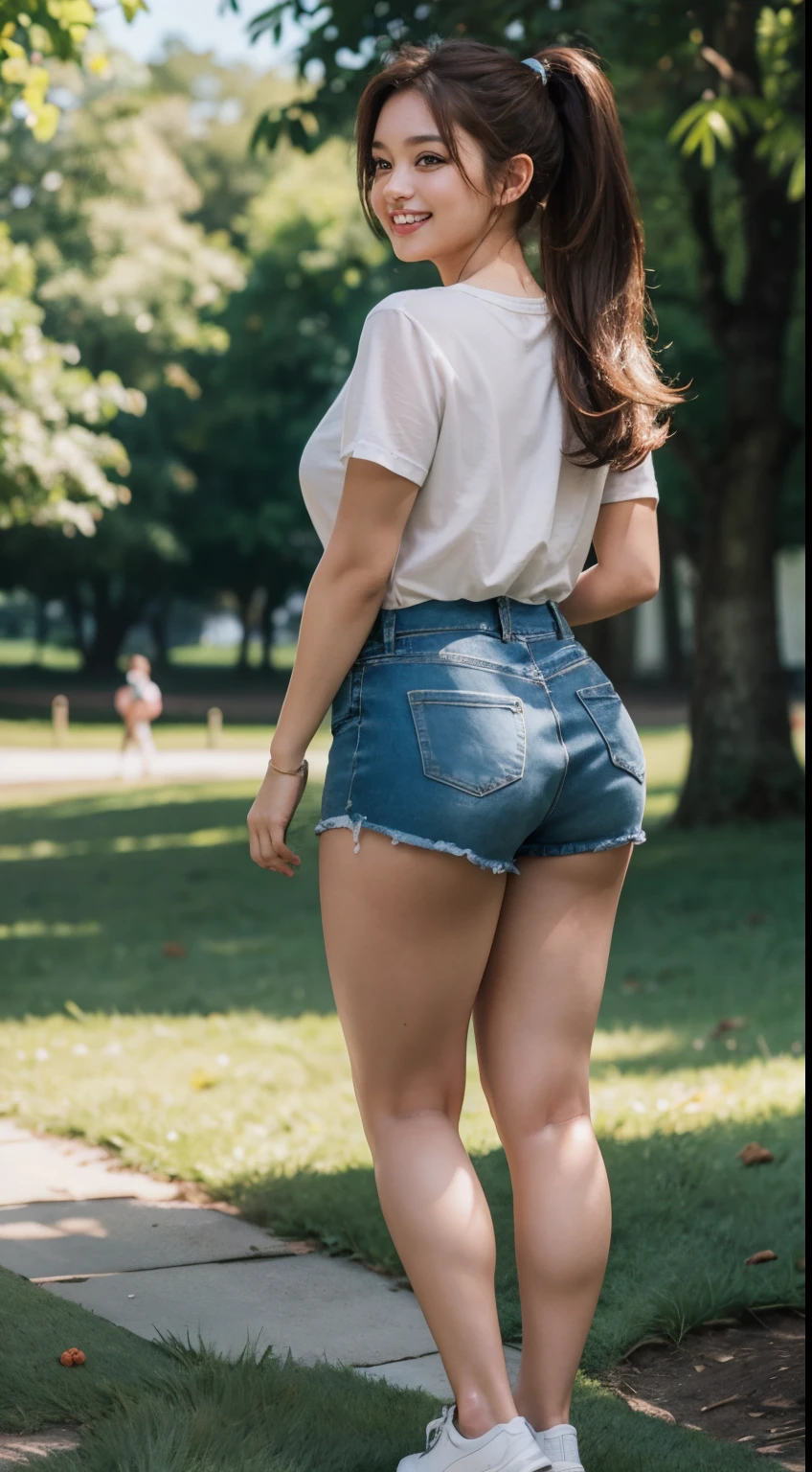 (Best quality, realistic), brown-haired girl, fair skin, photo taken from the back, not looking at the camera, full body, wearing shorts and a curvy pose, in a park, smiling, with a high ponytail and a large chest.