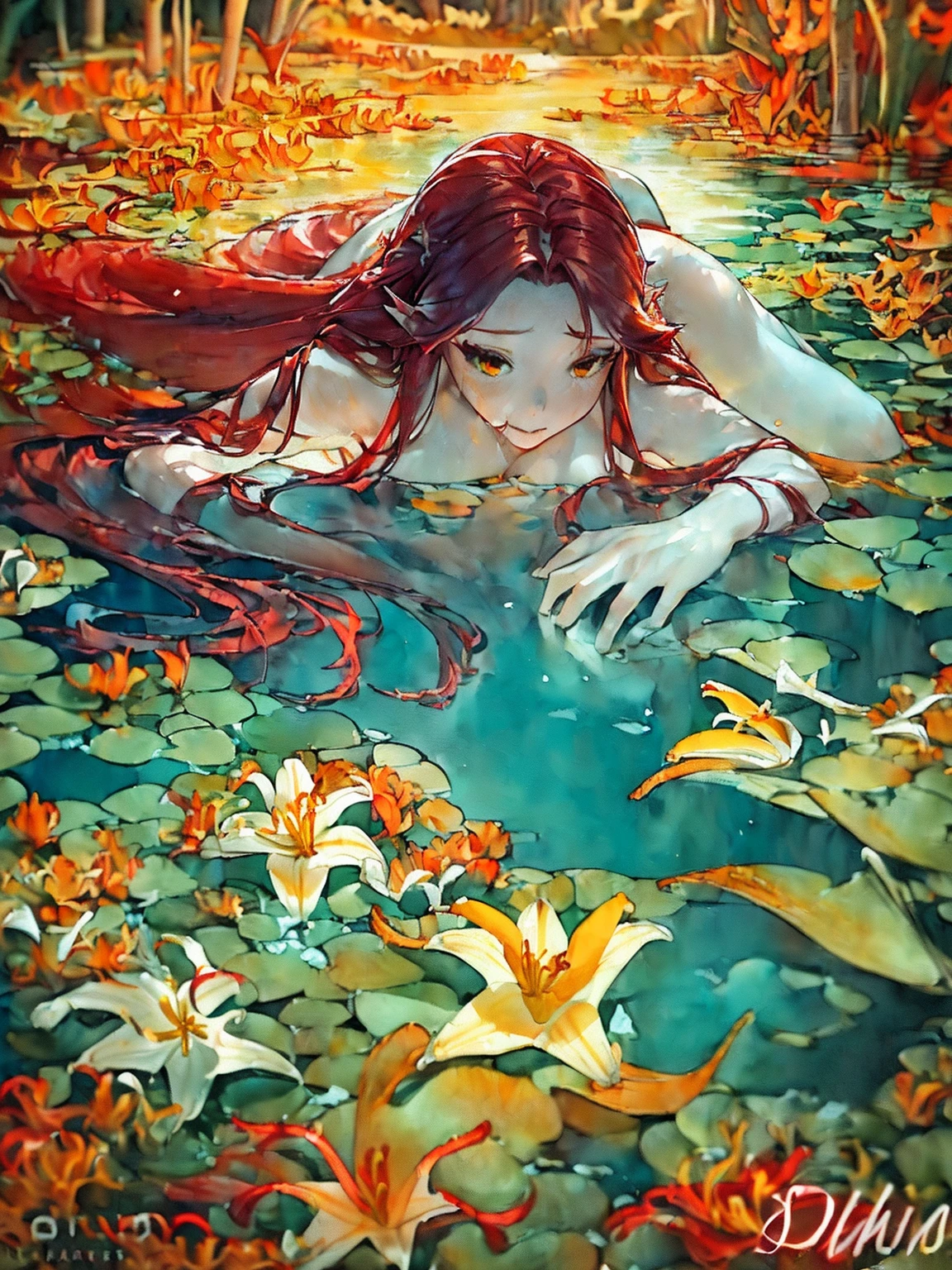 (Girl underwater, long flowing red hair, Asas de Anjo, yellow and white orange lily flowers:1.5),(sexy style:1.2),(magical forest:1.2),(cutesexyrobutts:1.2),(RossDraw 2.5:1.1),(KDA:1.1),(WLOP:1.1),(Sakimichan:1.1),(watercolor:1.2)
