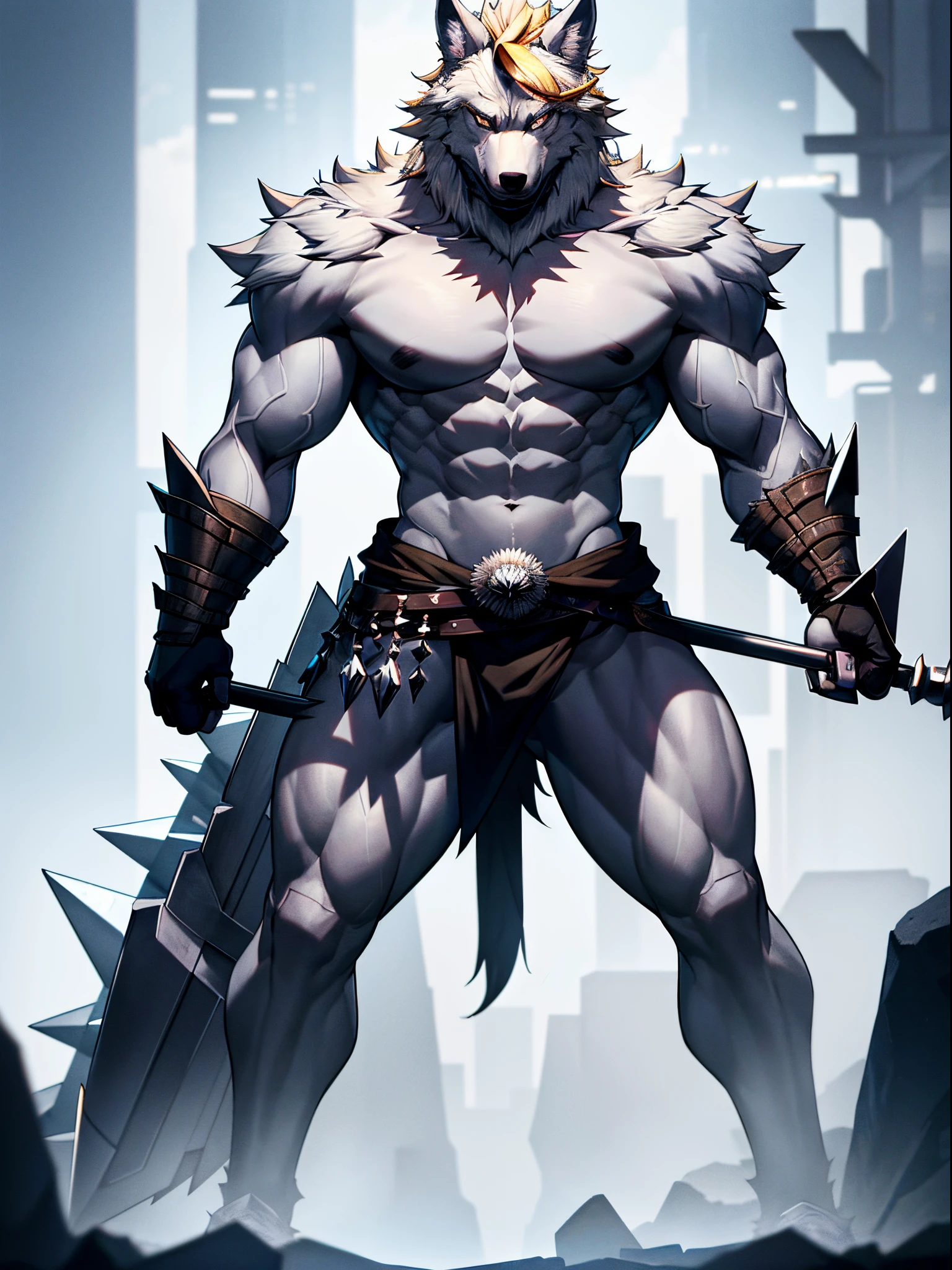A wolf that is standing like a man, grey fur, blue eyes, a little bit of blonde spiky human hair on the head, warrior like, big muscles, six pack is seen, 8k, high res