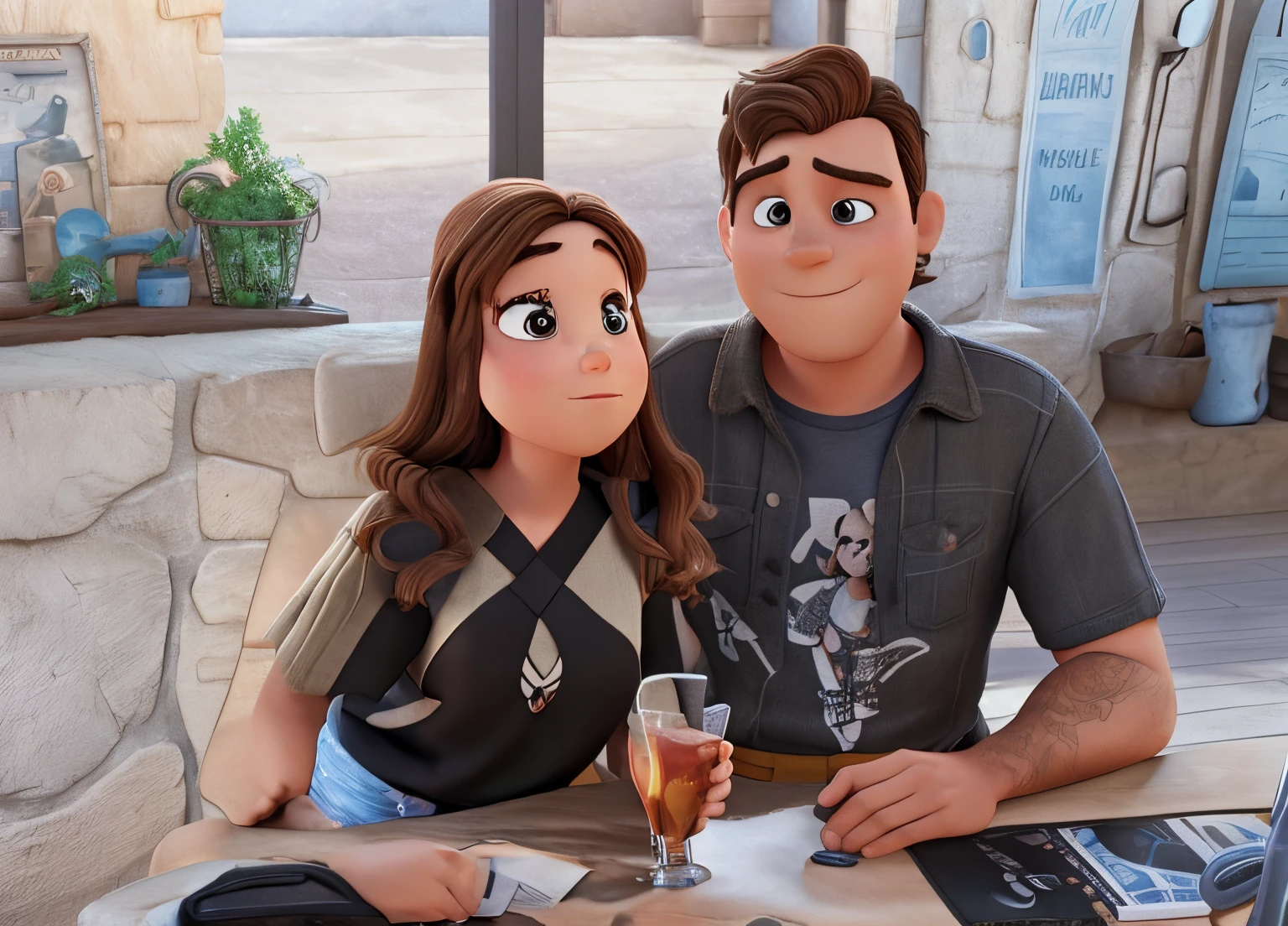 Disney pixar couple. Girl with brown hair and criss cross black top sitting next to boy with grey oneill shirt. Both have drinks in their hands. 3D disney pixar image