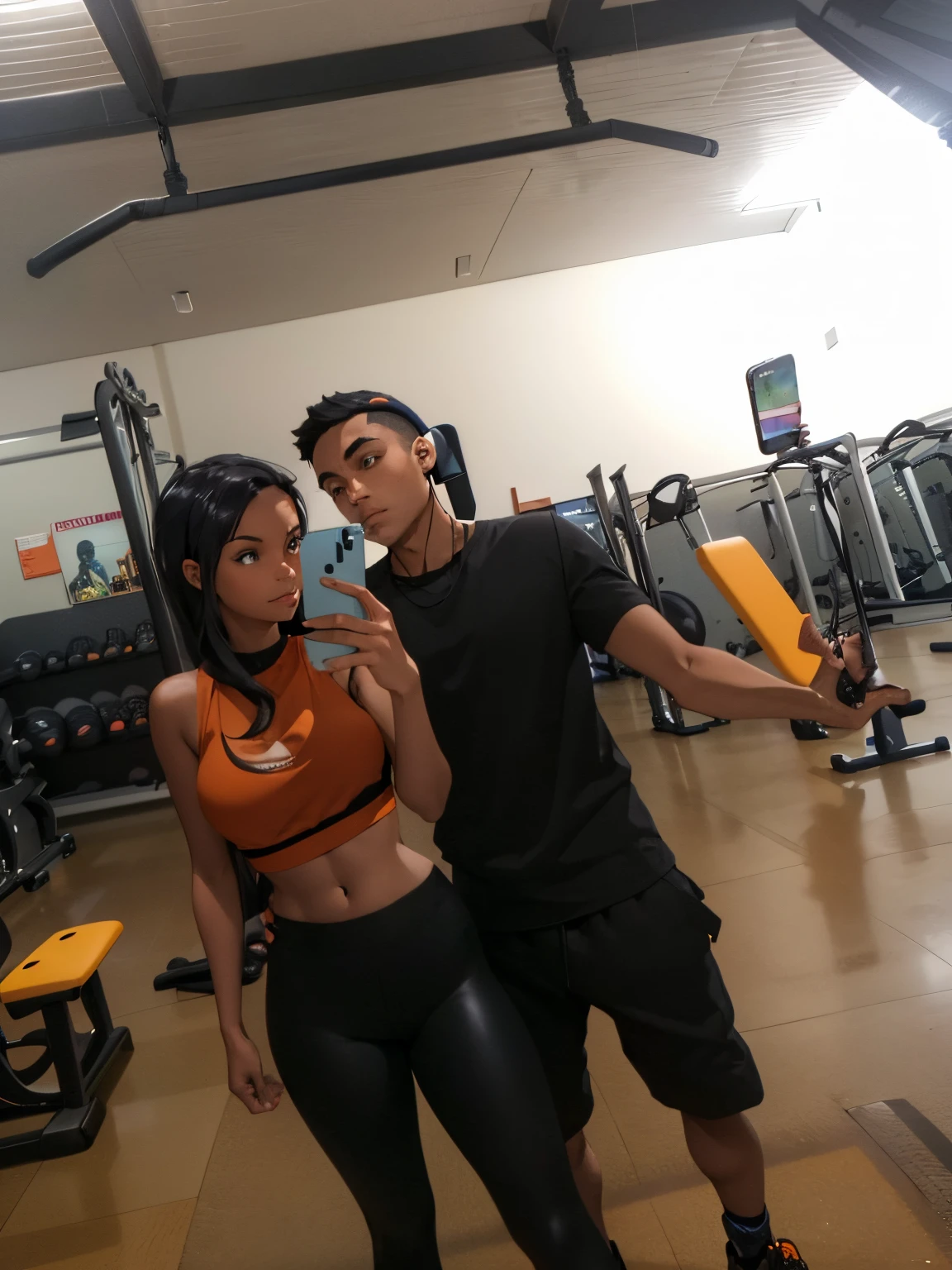 There's a man and a woman taking a selfie at a gym, the woman has her cell phone with her mother and is taking a selfie in the mirror, she is wearing a black headset around her neck and wearing an orange top and black leggings, the man is in the back with a black shirt and black shorts, They're in a gym