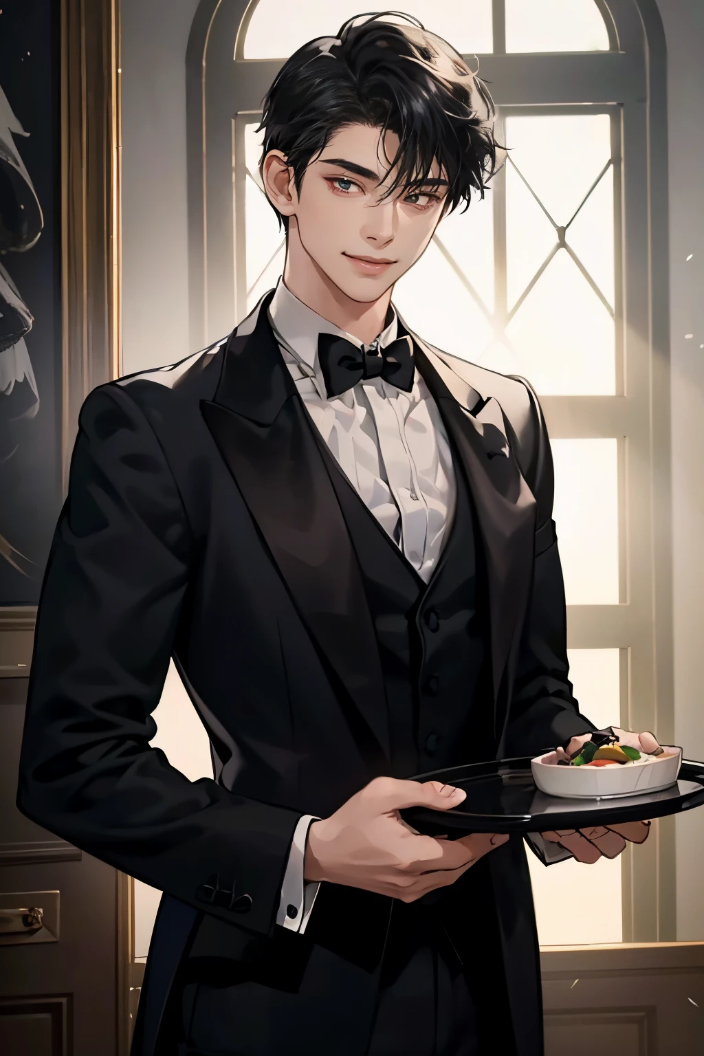 1 boy, Young male, Perfect male body, face to camera, (Butler,black tuxedo, smile, holding tray in hand),color difference, Depth of field, dramatic shadow, Ray tracing, Best quality, Cinematic lighting, Extremely detailed CG, 8k wallpaper,