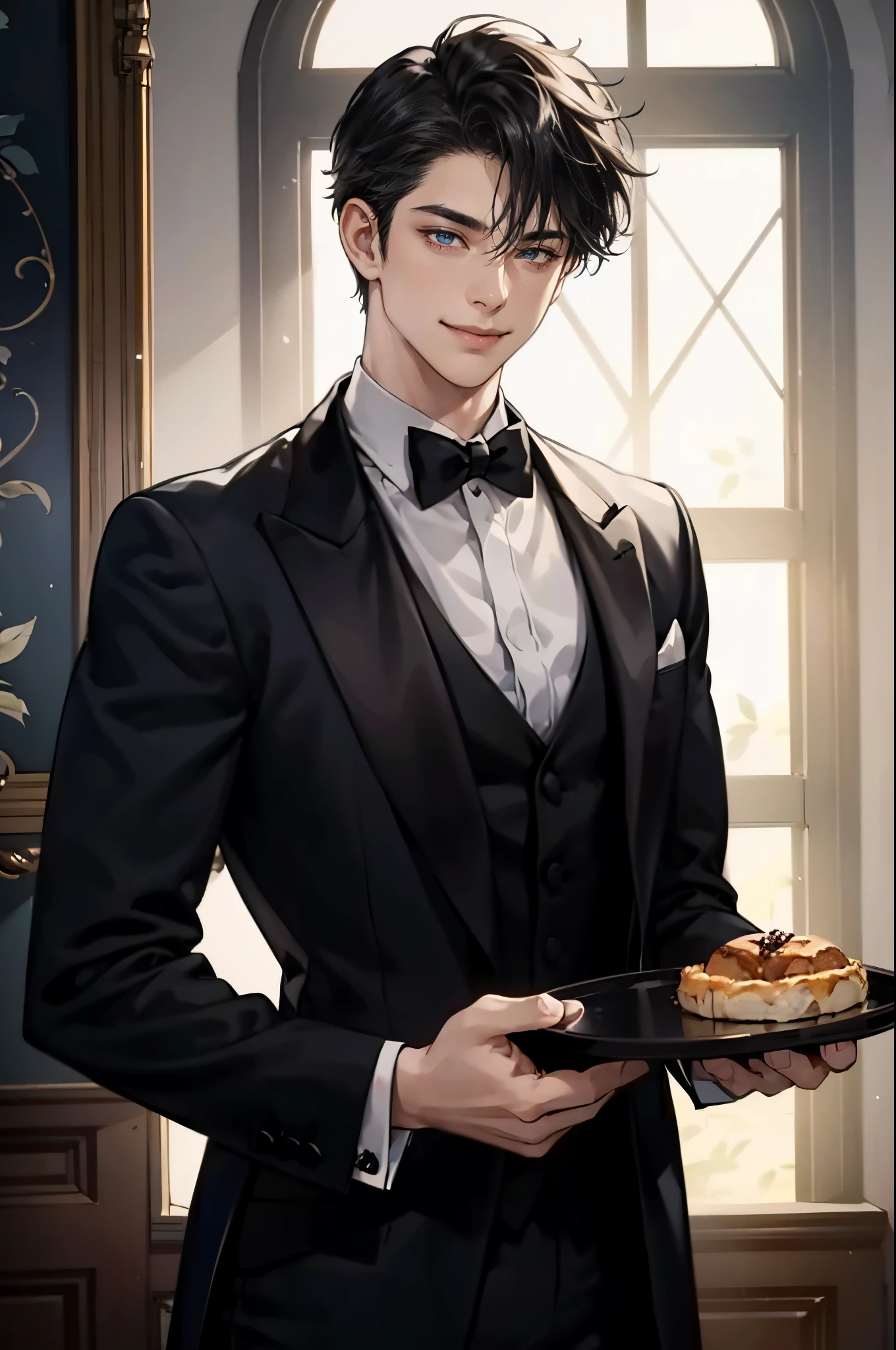 1 , Young male, Perfect male body, face to camera, (Butler,black tuxedo, smile, holding tray in hand),color difference, Depth of field, dramatic shadow, Ray tracing, Best quality, Cinematic lighting, Extremely detailed CG, 8k wallpaper,