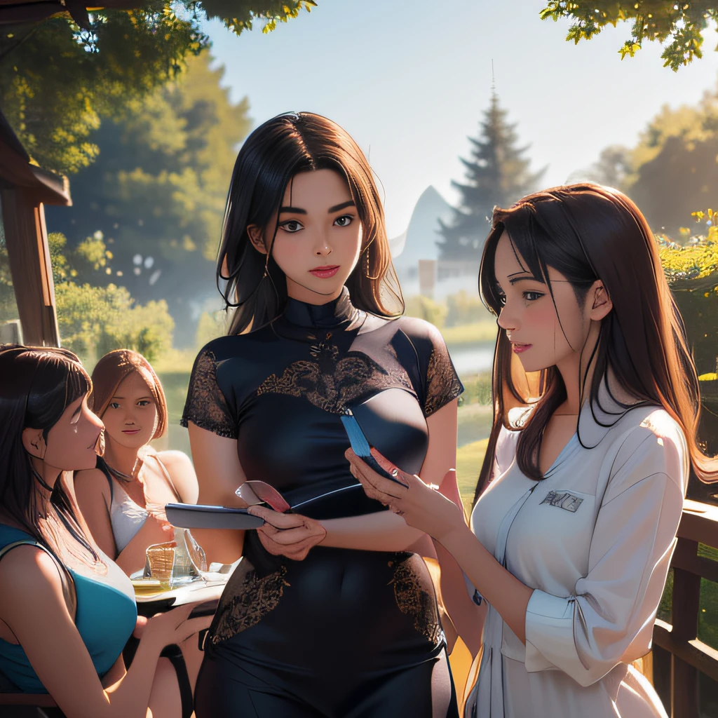 sfw, (Extremely detailed 8k wallpaper:2), (photo:2), (soigne Beautiful girl:2), (gives a lecture to friends:2), detailed (Face and eyes), (hyper realistic:1), (highly detailed:1), (epic realistic:1), rim light, (maximum details:1), cozy, (fullbody:1.3), (looking at viewer:2.0), (Woman's Attractive Qualities:2), (Attractive Woman:2), (Attractive:2), Smile, Intelligence, Empathy, Gracefulness, Sense of Style, Fitness, Grooming, Optimism, (Sensitivity:2), Sincerity, Romantic Gestures, Playfulness, Fashion Sense, (Sensuality:2), Charm, Modesty, Thoughtfulness, (Femininity:1), Flirtatiousness, Warmth, (Physical attractiveness:2), A beautiful smile, A love of life, strength and power, vulnerability, curiosity, wonder, love, (nature background:2), kawaii, waifu, Beautiful breasts, (attractive body:2), (Beautiful body:2), Beautiful pose, attractive pose, (Beautiful legs:1.0), (spread legs:1.0), (Beautiful clothes:1), (classic clothes:2), (elegant clothes:2), (European clothes:2), detailed clothes, (skirt:1), (blouse:1), (provocative pose)