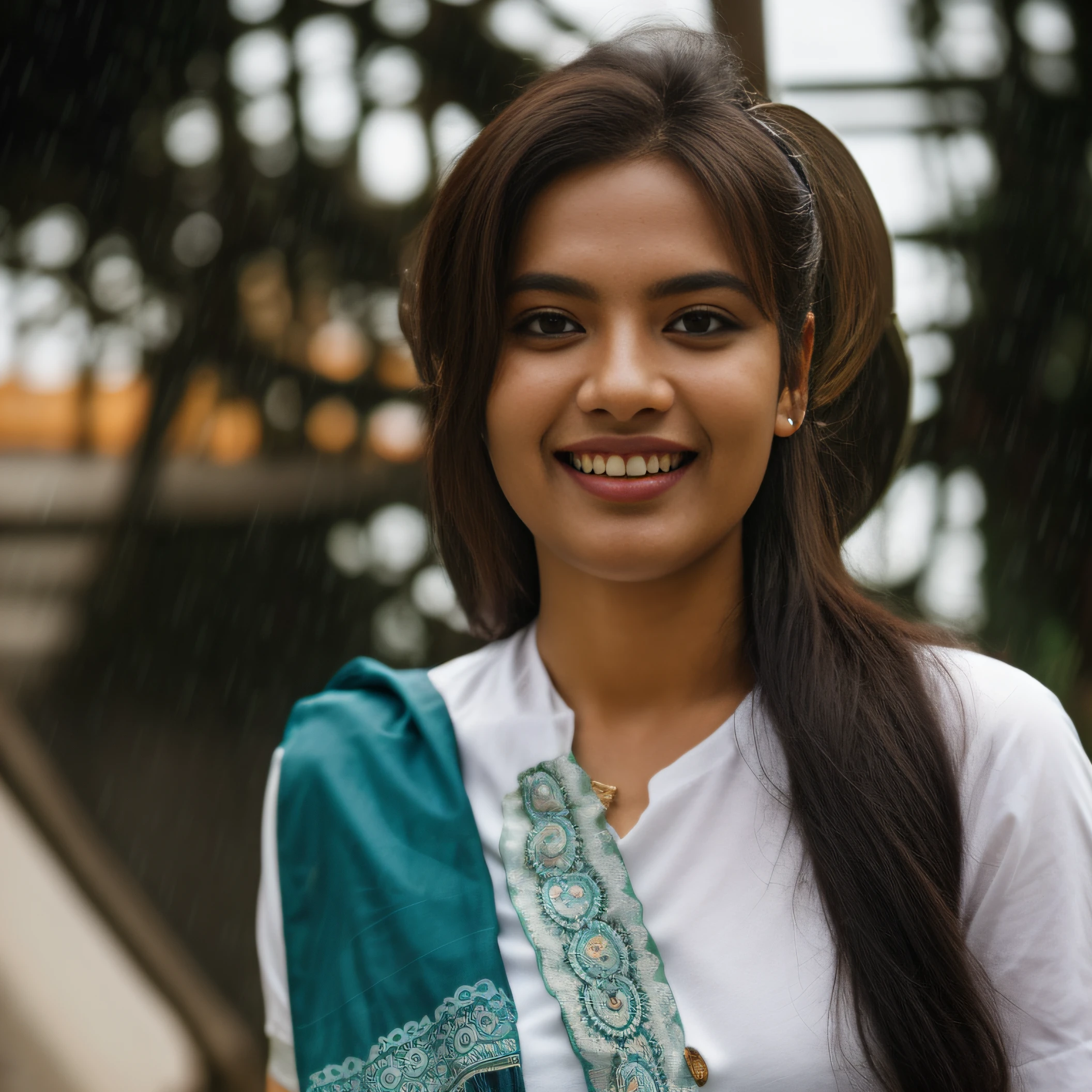 Day scene, close up photo of a indian from top view, posing under rain, (wearing tshirt and skirt) , look at viewer and smile, (cinematic:1.3), intricate details, (ArtStation:1.2)