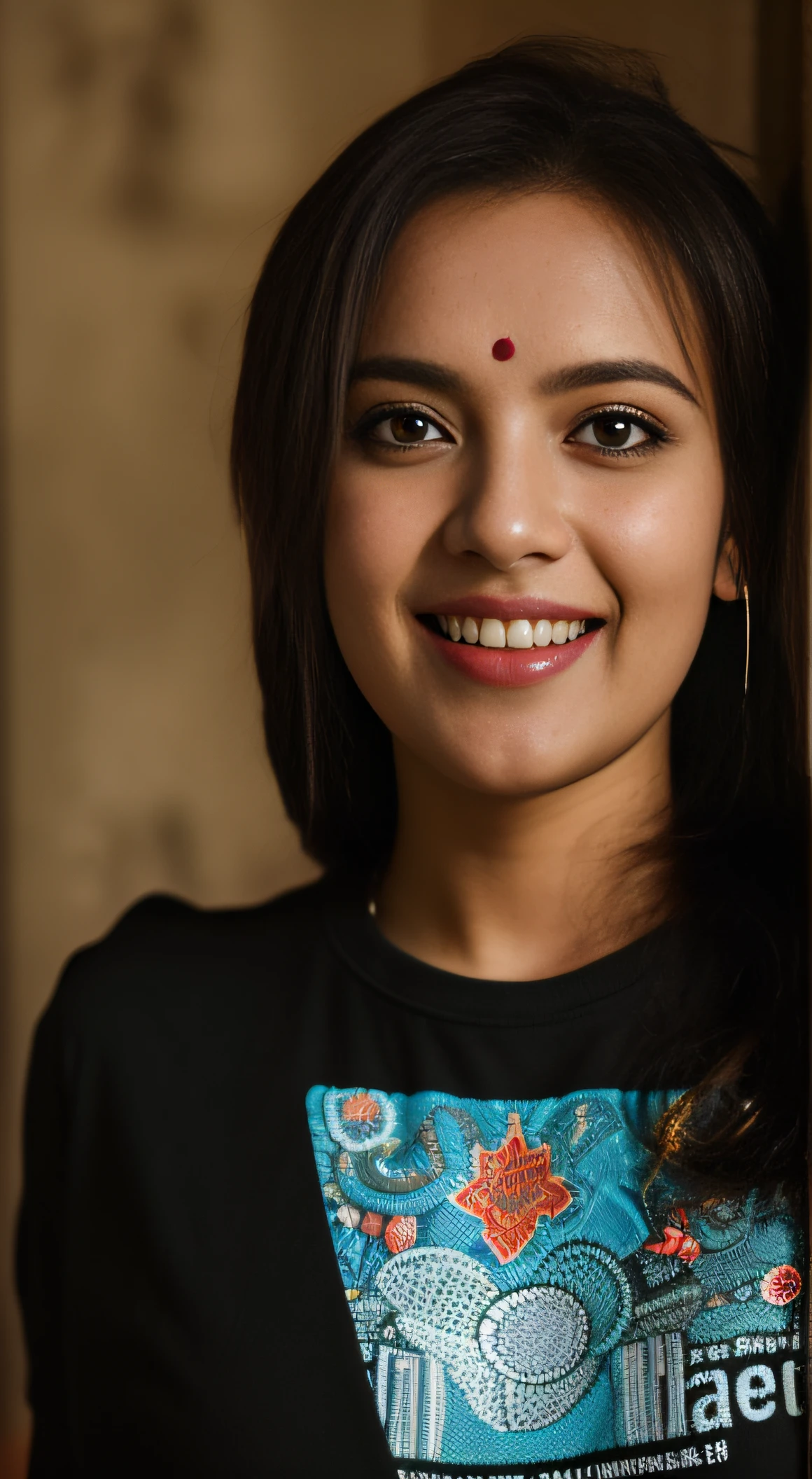 Day scene, close up photo of a indian from top view, posing under rain, (wearing tshirt and skirt) , look at viewer and smile, (cinematic:1.3), intricate details, (ArtStation:1.2)