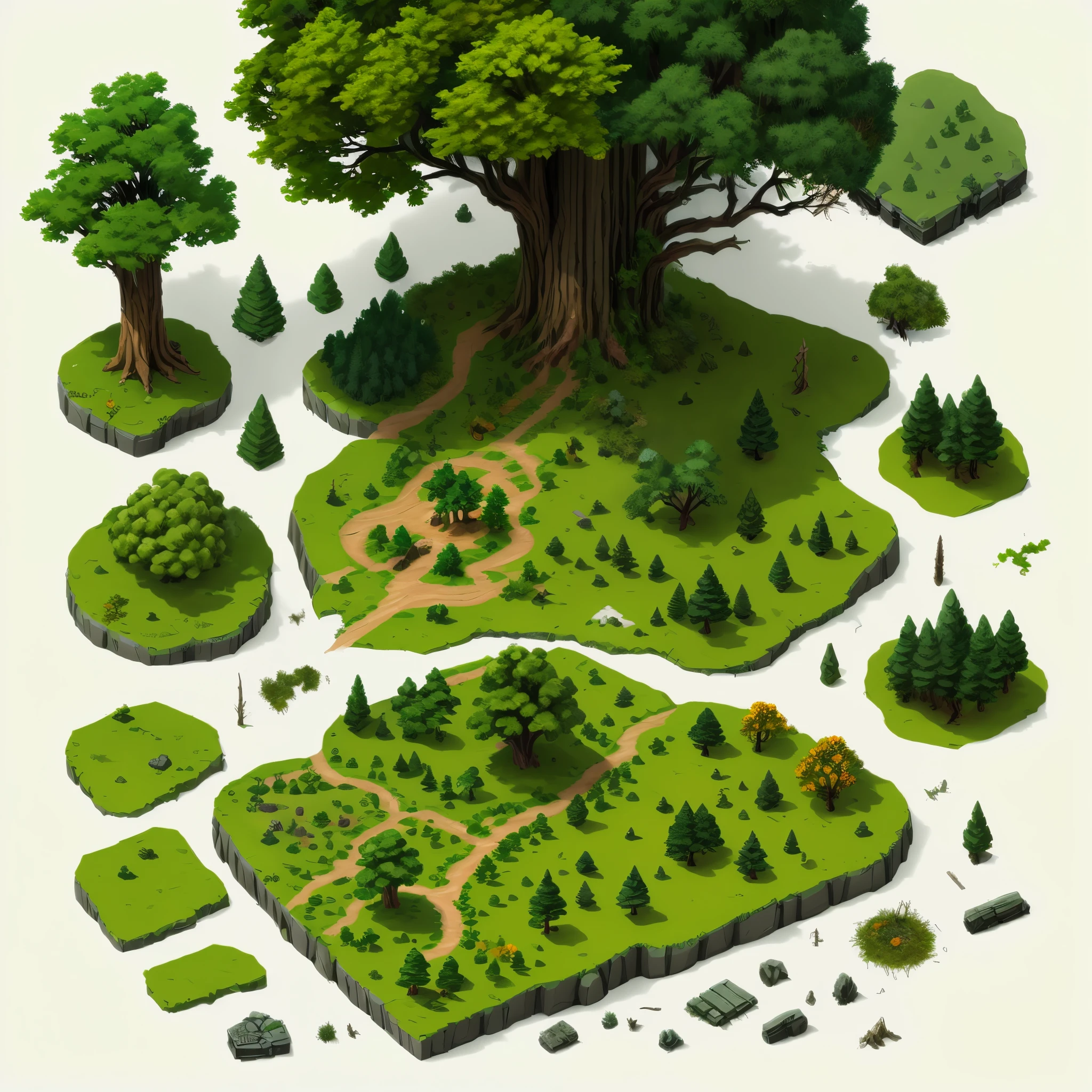 a set of various terrain and trees for a game, Isometric game asset, Isometric environment, Activos de videojuegos, Activos del juego, Hoja de activos del juego, Game Design Resource Pack, Icon Set Asset Store, Oculto activo del juego, An isometric fantasy map, Antiguo cubierto de maleza! restos, no trees , hiper detallado, Activo de entorno de juego RPG, Arte detallado del juego