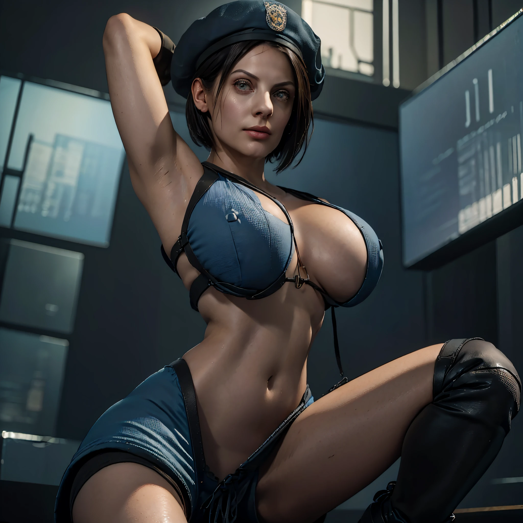 (masterpiece:1.2, Best Quality:1.2, 32K HDR:1.1, High resolution:1.1), ((jillvoth, zota valentine, 1girl in, black hair, short hair, beret:1.15, construction worker boots, Black boots)), (ultra gigantic tits:1.35, SuperHuge boobs:1.35, Exposed shaved armpits:1.15), (Detailed face, Detailed skin texture), ((In a realistic construction office:1.25)),