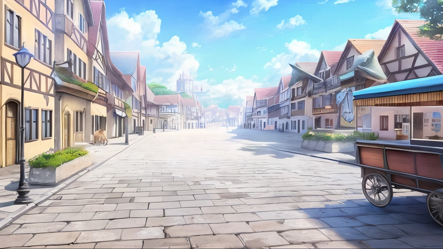 cena de rua estilo anime com uma carruagem puxada por cavalos e uma carruagem puxada por cavalos, Fundo do centro da cidade, Fundo da cidade, cidade em segundo plano, arte de fundo do anime, visual da chave de fundo do anime, a bustling magical town, renaissance port city background, foto realista de uma cidade, Oficina Lulua, Fundo do anime, rua Fundo, anime scenery concept art, Fundo medieval da cidade
