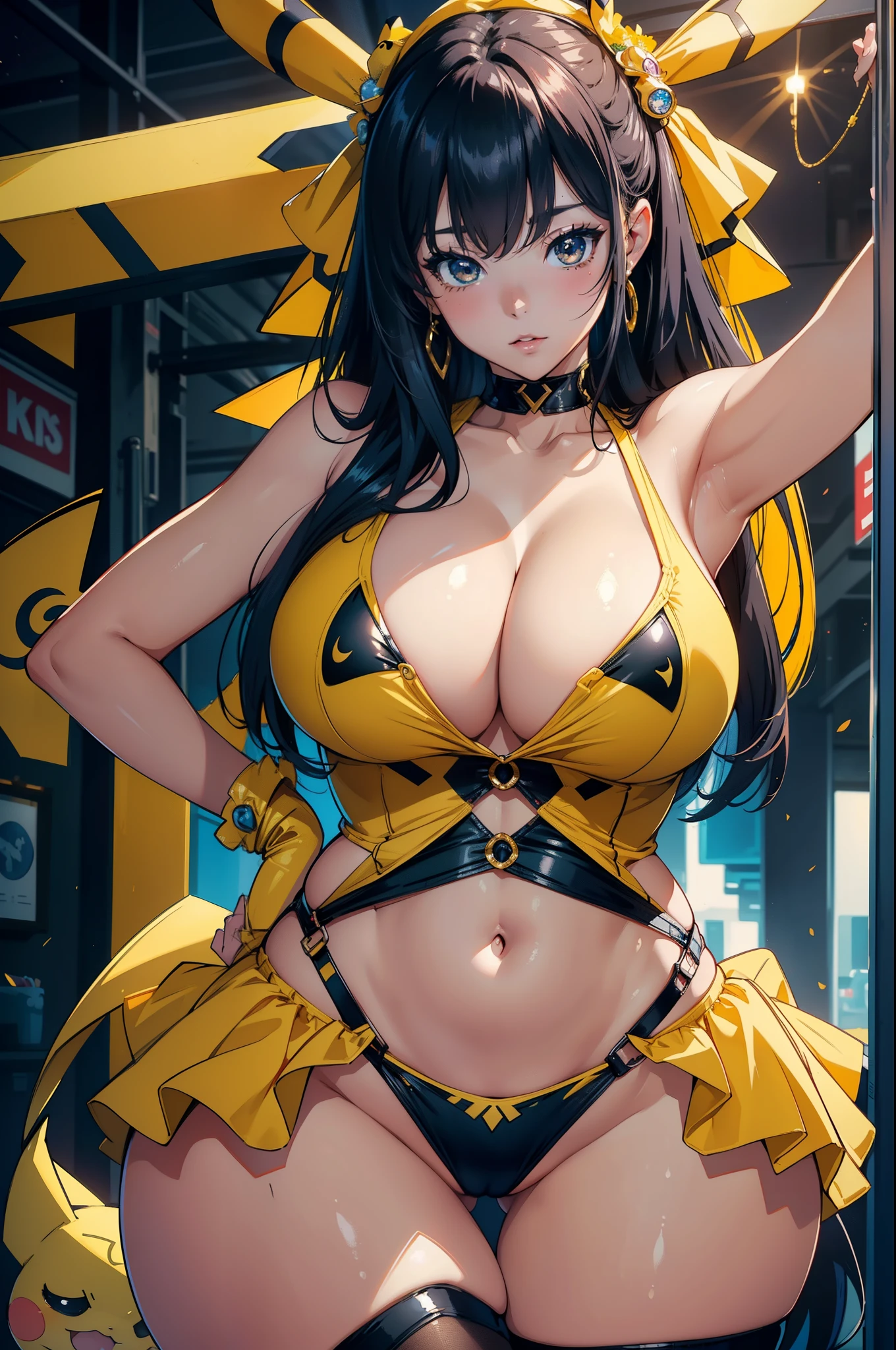 (8K UHD QUALITY RESOLUTION, perfect masterpiece, award-winning image, official art)The most beautiful and sexy girl, Pikachu costume, super huge enormously gigantic breasts, cleavage showing, blushing, slutty, seductive, sexy