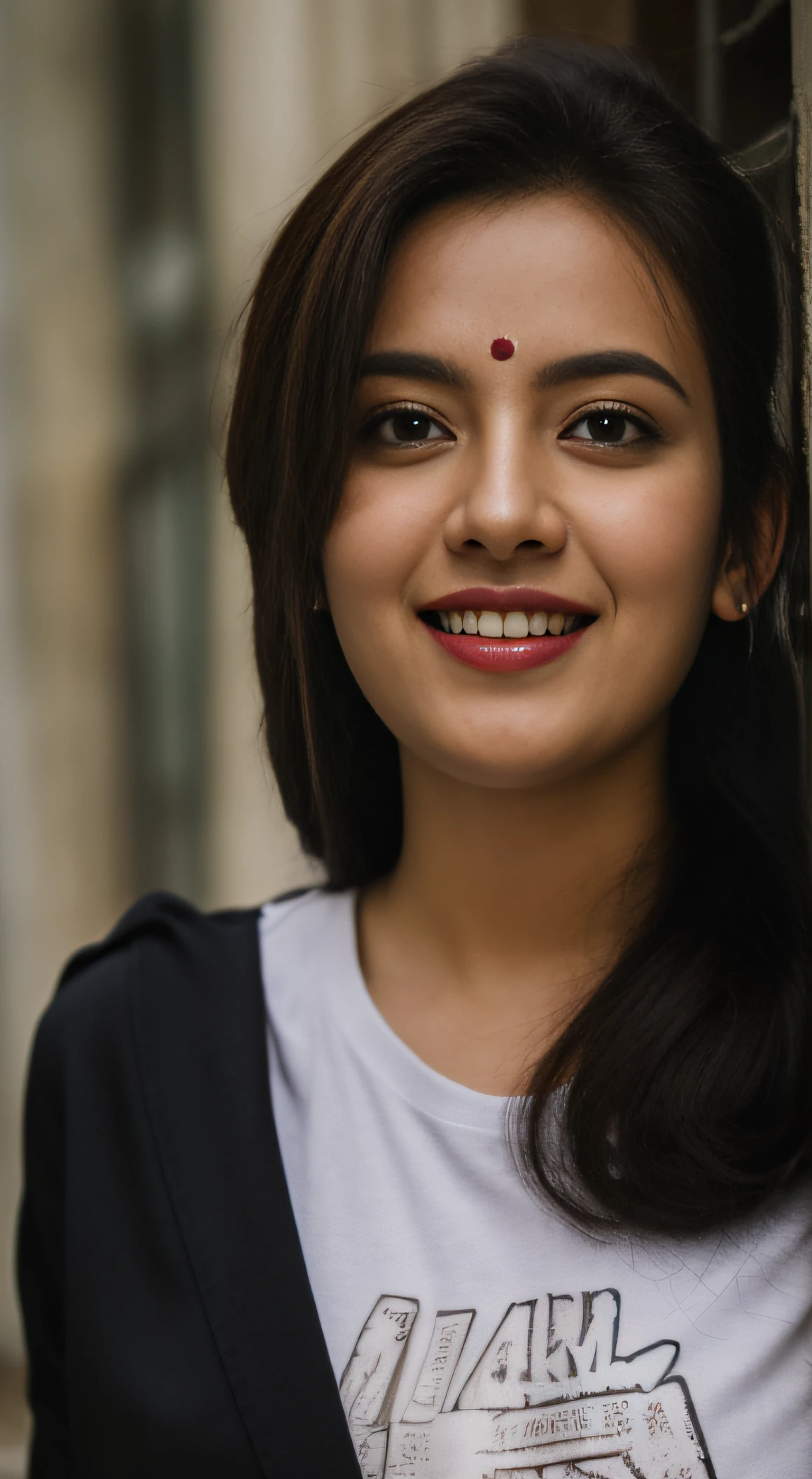 Day scene, close up photo of a indian from top view, posing under rain, (wearing tshirt and skirt) , look at viewer and smile, (cinematic:1.3), intricate details, (ArtStation:1.2)