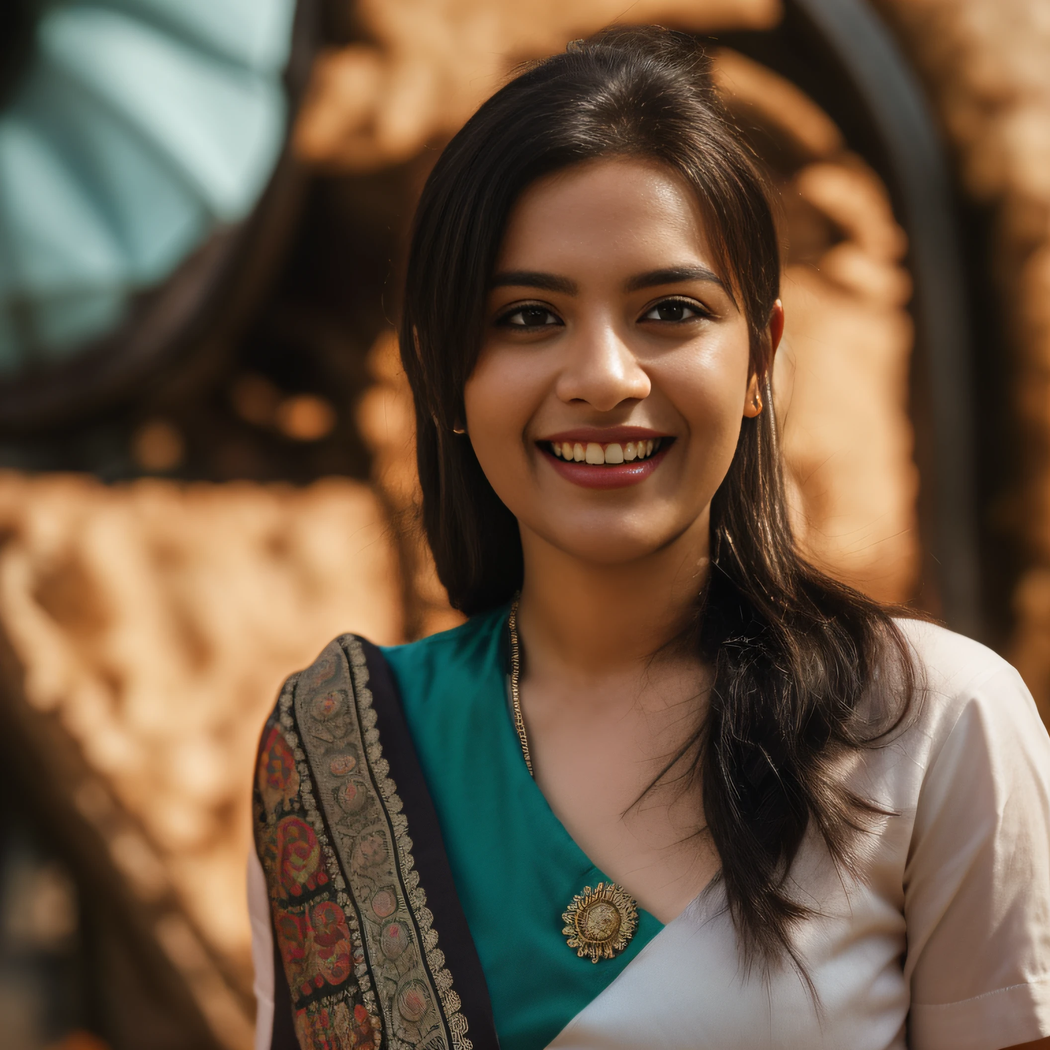 Day scene, close up photo of a indian from top view, posing under rain, (wearing tshirt and skirt) , look at viewer and smile, (cinematic:1.3), intricate details, (ArtStation:1.2)