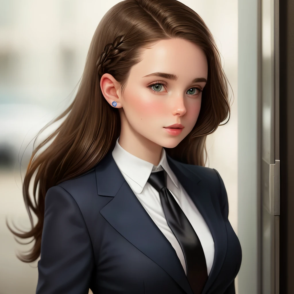 White girl hair brown hair blue, with little black tie from her breasts