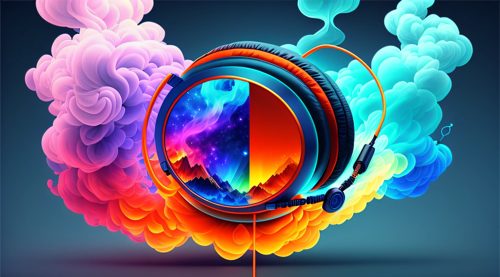 headphone with background showing the colors of the universe in the form of smoke make basic corrections in the shape of the headphone and the wires