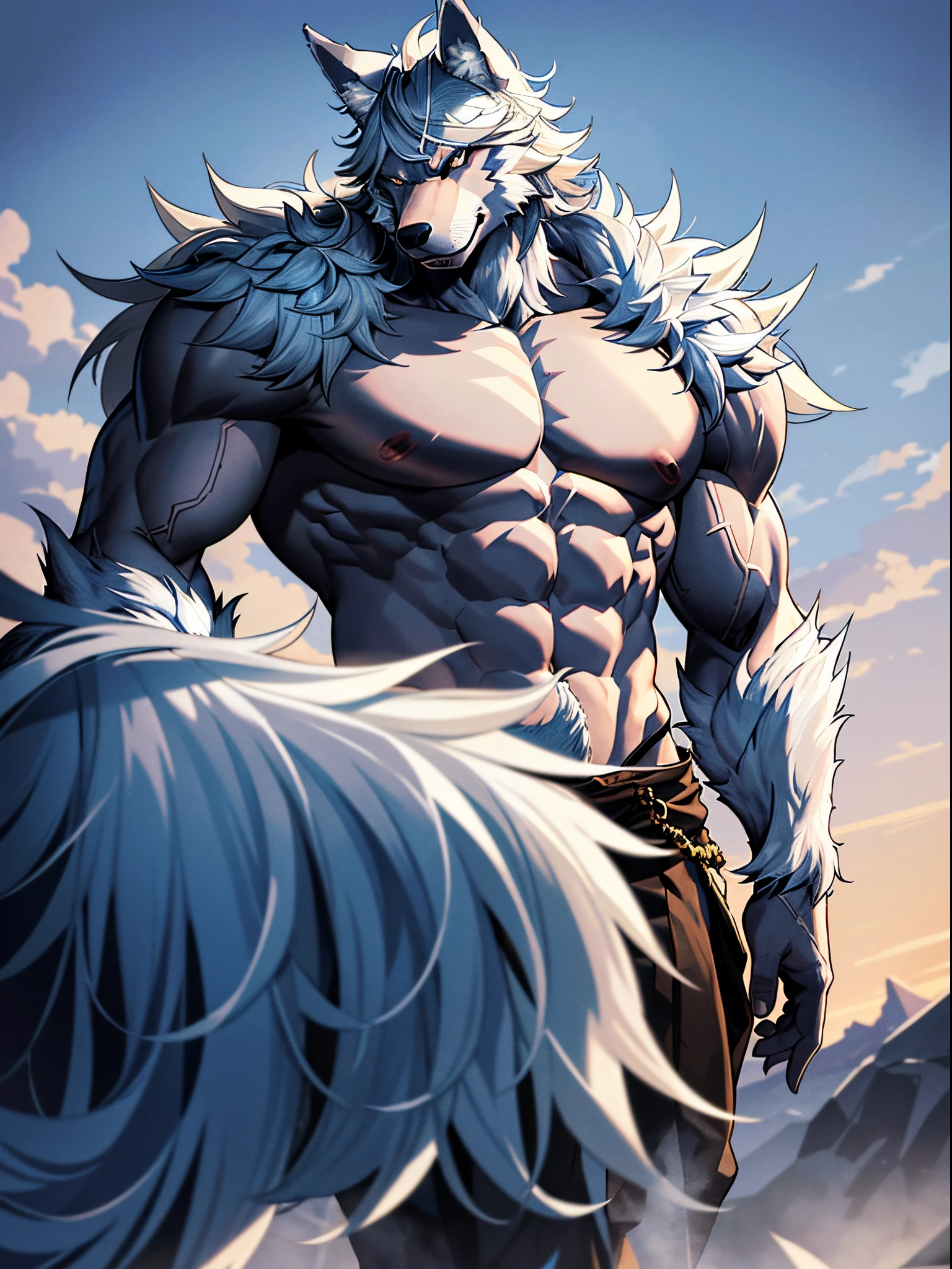 blaidd (elden ring), furry body, (very muscular, heavyweight, pectorals:1.2), scars on body, bare chest, cape, male, masculine, 4k, high resolution, detailed, correct anatomy, correct proportions, (dark background, black fantasy background), (upper body shot, close-up to chest and face:1.1), (by wfa, by negger:1.0), detailed eyes, purple eyes, darkness:1.5, in shadows, face in shadows:1.1, glow, messy coloring, looking at camera, fangs