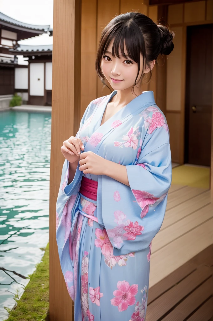 top-quality, masterpiece, ultra res, a beauty girl, cute girl face ,Onsen inn,Wearing a yukata,full bodyesbian ,Famous actresses of Japan ,very beautiful face
